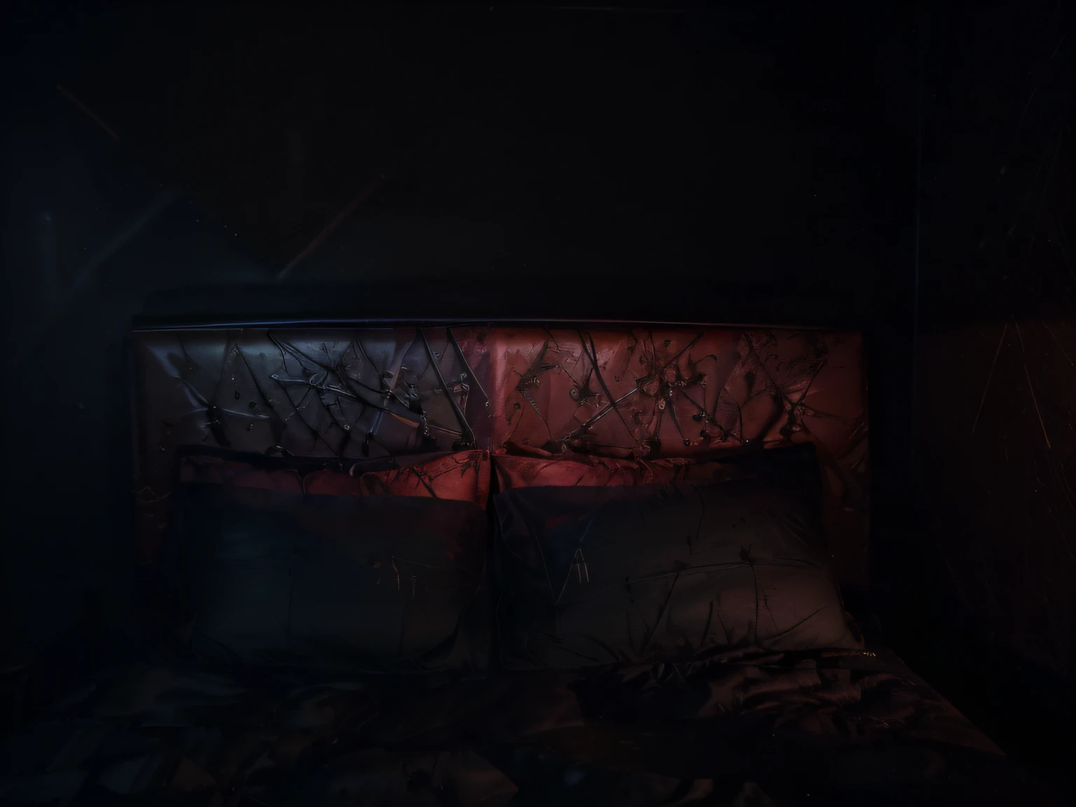 (((vibrant color palette)), Dynamic line, ((detailed shading)): (((bed in dark room, facing front, very realistic))), ((realistic, dark image)) ((4k image from horror movies)) ((dramatic)) ((realistic)) ((a dark, red atmospheric backdrop, focused on the bed)), and a striking color palette.