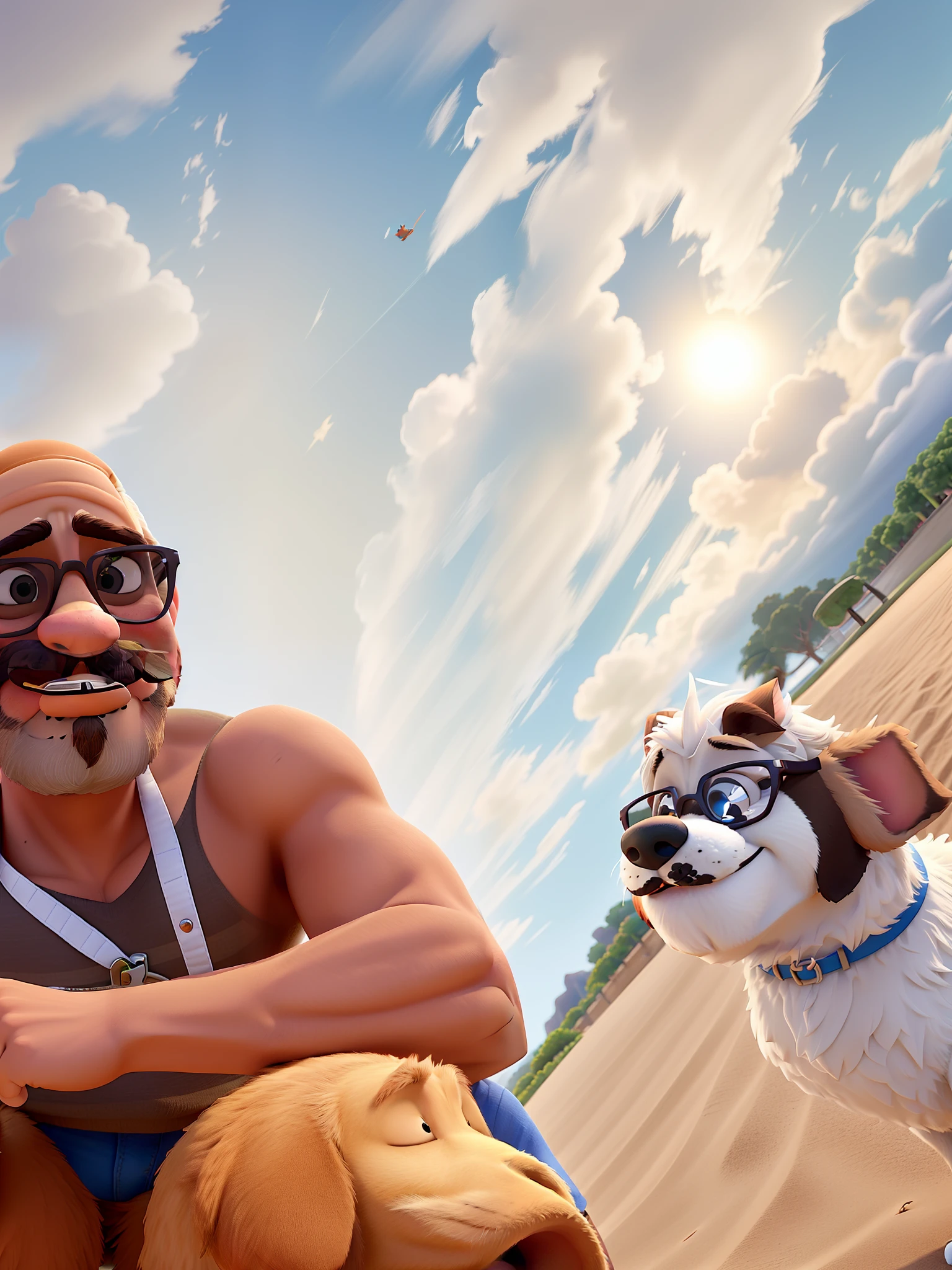 Um homem e um cachorro no estilo Disney pixar, alta qualidade, melhor qualidade, dois felizes na praia. Dog semi fur and man is bald in sunglasses and mustache.
