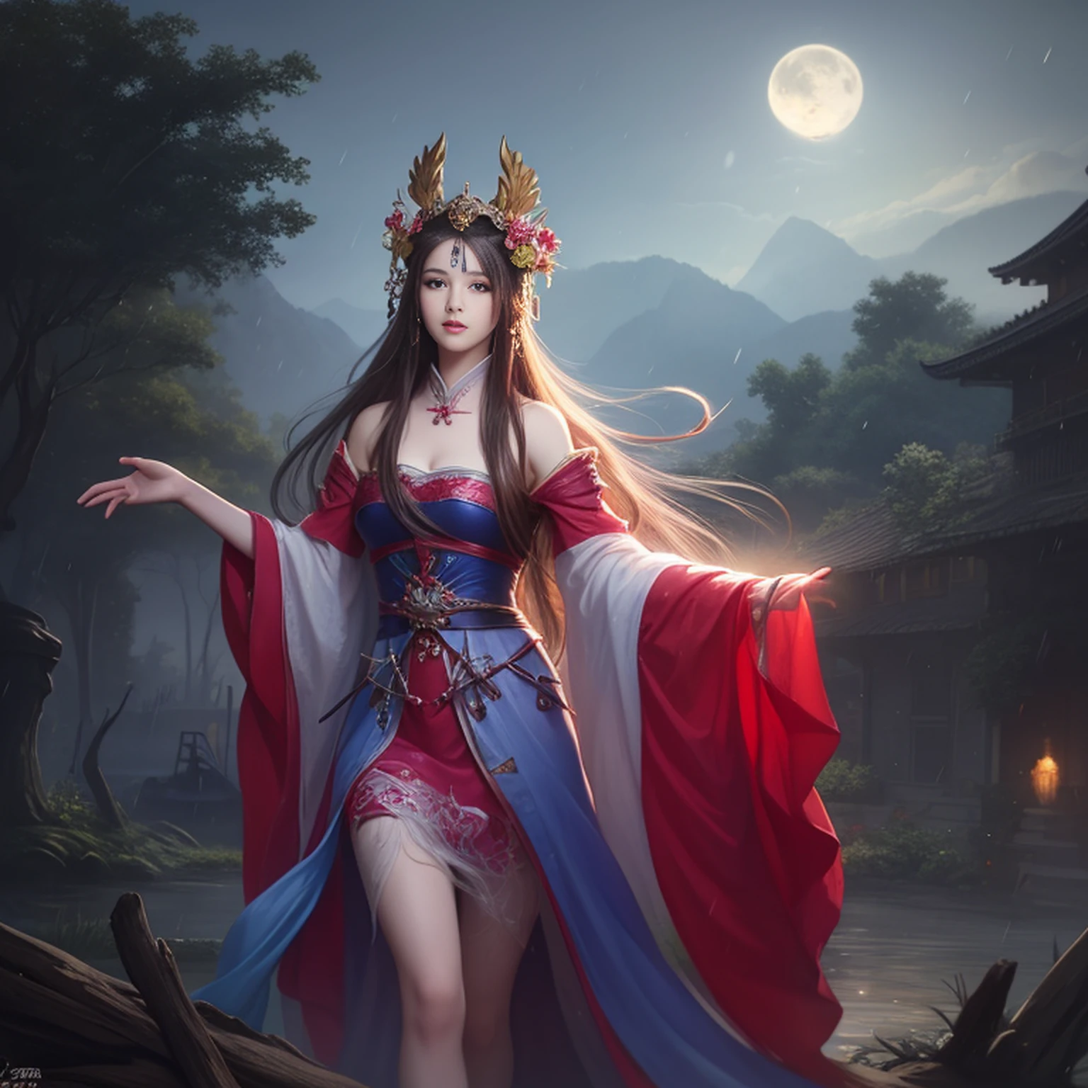 (8k, RAW photo:1.2), best quality, ultra high res, dramatic angle, (fluttered detailed color splashes), (illustration), (((1 girl))), (long hair), (rain: 0.9), (headdress: 1.4), there is an old palace next to the girl, Hanfu, (emphasis), Color ink painting, (splash color), splash color, (((color))), (sketch: 0.8), Masterpiece, best quality, beautiful painted, highly detailed, (denoising: 0.6), [splash ink],  ((ink refraction)), (beautiful sky detailed), moon, highly, detailed, (masterpiece, best quality, extremely detailed) CG 8k wallpaper unit, masterpiece, best quality, super detailed), (garlic),