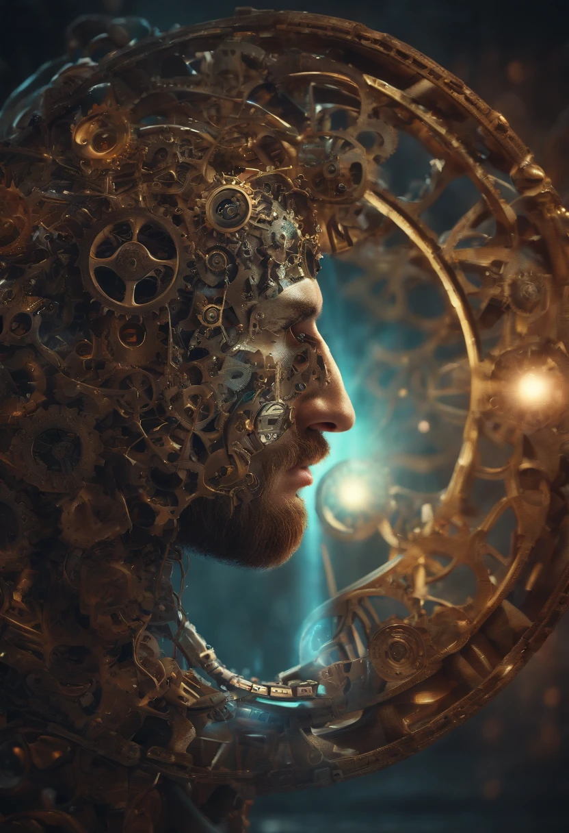 Human brain being reprogrammed through gears into a half-open male head with long beards, in a confusing and mysterious environment with lights that connect the brain to the universe