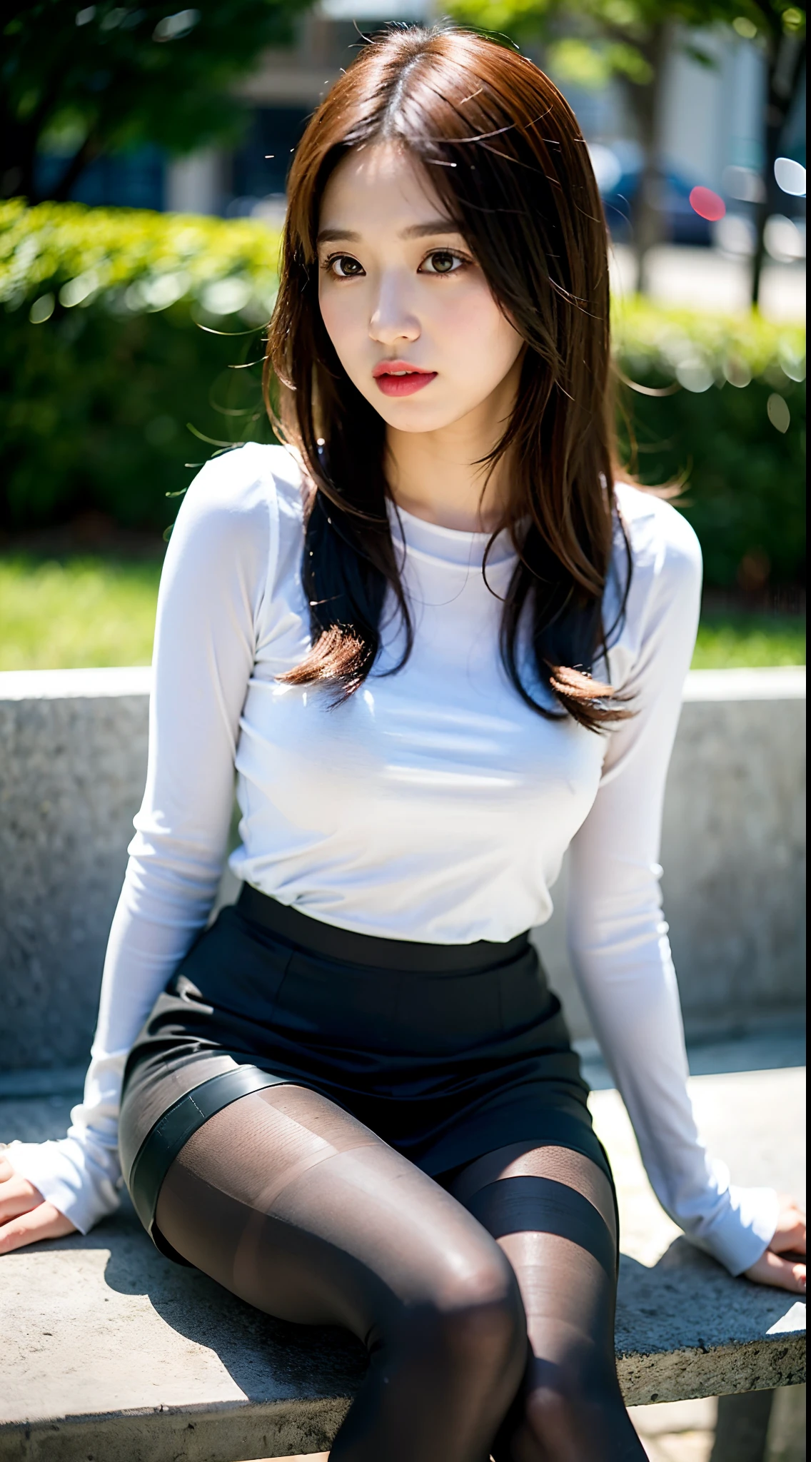 Woman sitting on a bench with purse and purse, Ayaka, chiho, 奈良美智, wearing honey - themed miniskirt, (Ultra-realistic pantyhose:1.5), taken with canon 8 0 d, taken with canon eos 5 d mark iv, 👰 🏇 ❌ 🍃, reluvy5213, Handbag, 🤬 🤮 💕 🎀