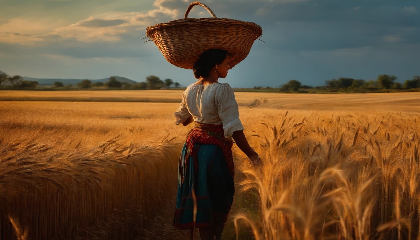 ultrarrealismo, oil-painting, silhueta, mulher agricultora, Walking through a wheat field, Carrying a straw basket over his head, Both arms are raised balancing the basket, fundo bege, plantation