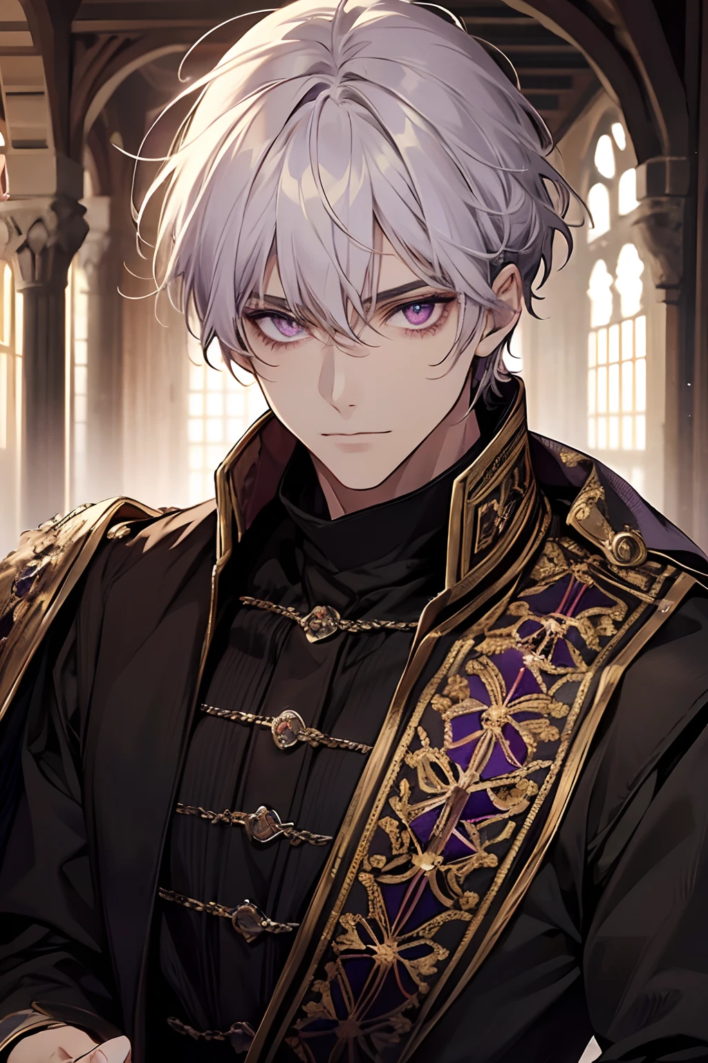 1male, calm, age 35 face, short messy with bangs, white hair, amethyst colored eyes, royalty, prince, black clothes, in a castle, close up, medieval times