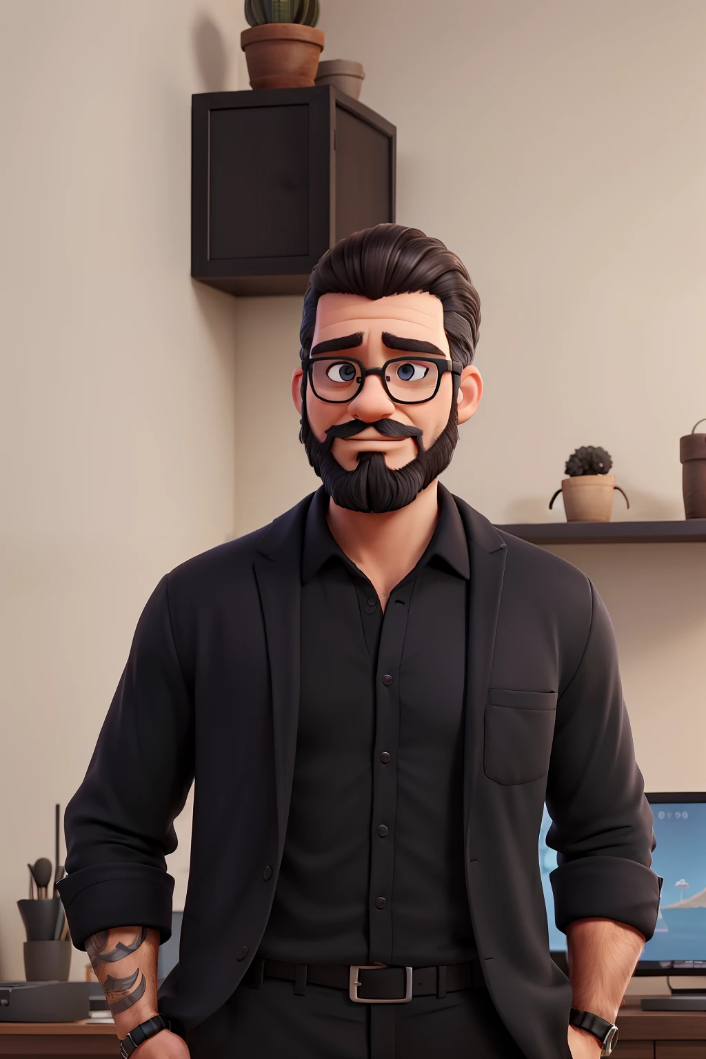 Washington dressed in a black shirt and black pants, with the landscape in the background being your gaming office. The beard strands are beautiful and your beard is full all over your face, Washington has black glasses on his face. Sombrancelha normal, The background landscape wall is gray with a few shelves with anime figures and potted plants, cabelo penteado para o lado e olhos castanhos escuro