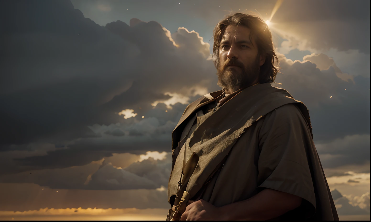 ancient weatherman,dressed in traditional robes,holding a golden hourglass,standing on top of a stone tower,facing the horizon,reading the celestial signs,beard flowing in the wind,ancient astronomy astrolabe in hand,vibrant colors in the sky,setting sun casting a warm glow,sparkling stars illuminating the night,meticulously painted oil on canvas,classic Renaissance style,prominent attention to light and shadow,detailed brushstrokes capturing every texture,magical atmosphere with a touch of mystery,strong focus on the weatherman's face and expression,wise and knowledgeable look in his eyes,ancient weather forecasting scrolls in the background,impressive perspective drawing the viewer's attention upward,magnificent landscape stretching behind the tower,lush green meadows and rolling hills,medieval castle in the distance under a stormy sky,recreating a sense of the ancient world,high-quality resolution and realistic details to bring the painting to life.