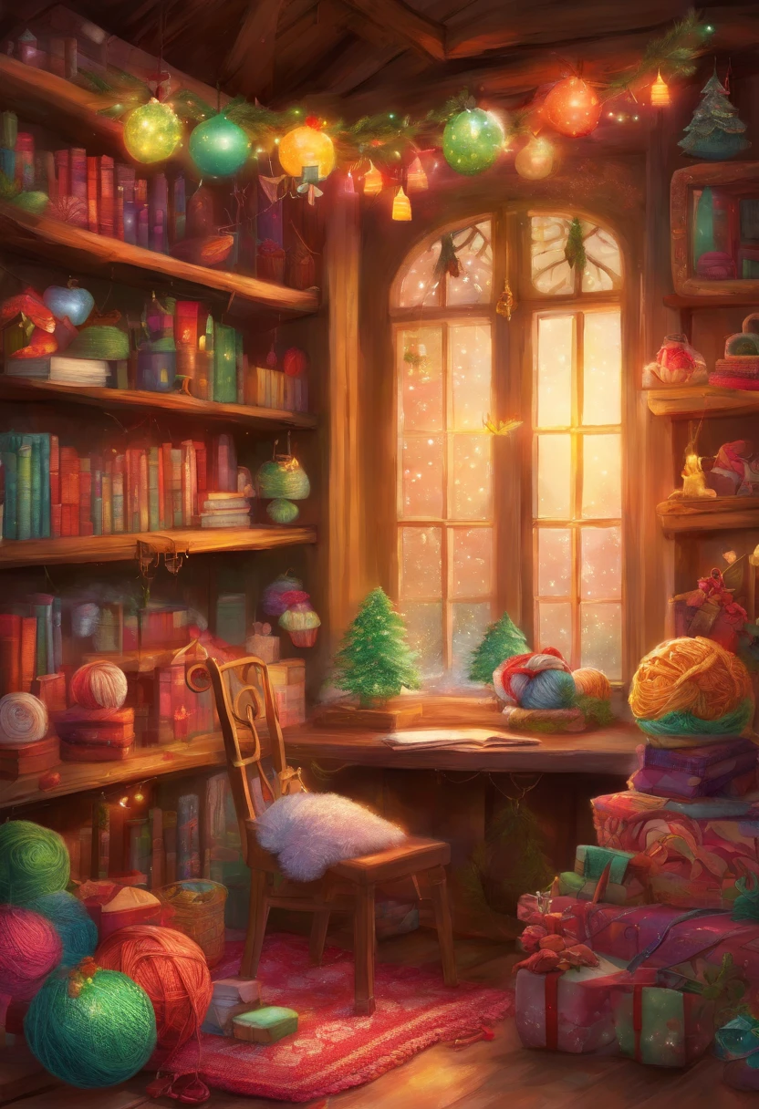 Design a Christmas Greeting Card with a dreamy and fantastical scene that prominently features crocheting, knitting, sewing, and colorful yarn.

Front of the Christmas Greeting Card:

Image: A dreamy, fantasy-inspired scene

In a world where dreams come to life, an enchanting tableau unfolds in front of a crackling fireplace. An old sewing machine, prominently displayed on either the left or right side, creates a sense of nostalgia and tradition, perfectly blending with the themes of crocheting, knitting, and sewing.

Beautifully wrapped gift boxes are scattered throughout the scene, some showcasing crocheting needles, crochet hooks, and sewing motifs, highlighting the crafts of crocheting, knitting, and sewing. Wool and colorful yarn cascade like a gentle waterfall, actively used for crafting, creating a haven for crafters' dreams. Soft fairy lights fill the space with a dreamy glow, where holiday wishes take flight.

Hanging from the ceiling and adorning the fireplace mantel, garlands woven with enchanted baubles and elven bells add an extra layer of magic to the setting, making this Christmas a truly wondrous and crafty adventure.

[Your Heartfelt Christmas Greeting Here]

Tone: Warm, inviting, and filled with the magic of crafting and dreams.