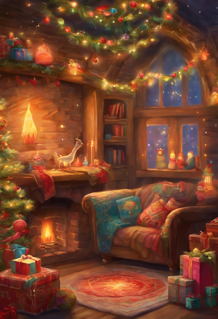 Design a Christmas Greeting Card with a dreamy and fantastical scene that prominently features crocheting, knitting, sewing, and colorful yarn.

Front of the Christmas Greeting Card:

Image: A dreamy, fantasy-inspired scene

In a world where dreams come to life, an enchanting tableau unfolds in front of a crackling fireplace. An old sewing machine, prominently displayed on either the left or right side, creates a sense of nostalgia and tradition, perfectly blending with the themes of crocheting, knitting, and sewing.

Beautifully wrapped gift boxes are scattered throughout the scene, some showcasing crocheting needles, crochet hooks, and sewing motifs, highlighting the crafts of crocheting, knitting, and sewing. Wool and colorful yarn cascade like a gentle waterfall, actively used for crafting, creating a haven for crafters' dreams. Soft fairy lights fill the space with a dreamy glow, where holiday wishes take flight.

Hanging from the ceiling and adorning the fireplace mantel, garlands woven with enchanted baubles and elven bells add an extra layer of magic to the setting, making this Christmas a truly wondrous and crafty adventure.

[Your Heartfelt Christmas Greeting Here]

Tone: Warm, inviting, and filled with the magic of crafting and dreams.