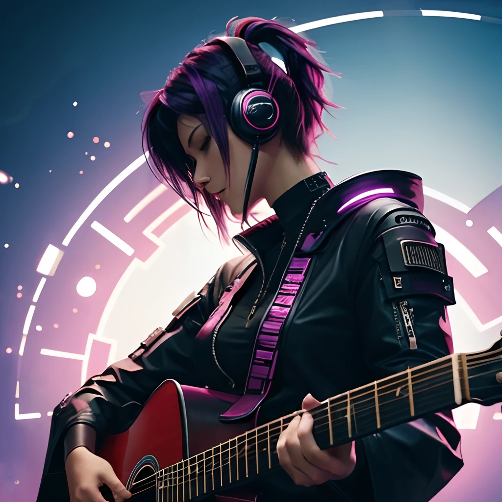 guitar,cyber punk,very watercolor,woman