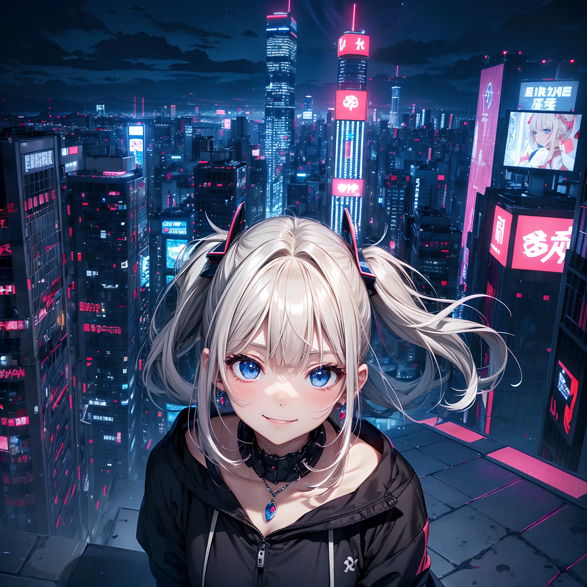 absurderes, (独奏:1.5,)ultra-detailliert,bright colour, extremely beautiful detailed anime face and eyes, view straight on, ;D, shiny_skin,25 years old, Happy smiling face、Short hair, , asymmetrical bangs, Blonde hair with short twin tails, Shiny hair, Delicate beautiful face, red blush、(Blue eyes), White skin, hair clips, earrings, a necklace, Onepiece、(Midnight Tokyo)、(Lots of neon:1.3),(highrise buildings:1.2),(Scramble crossing)