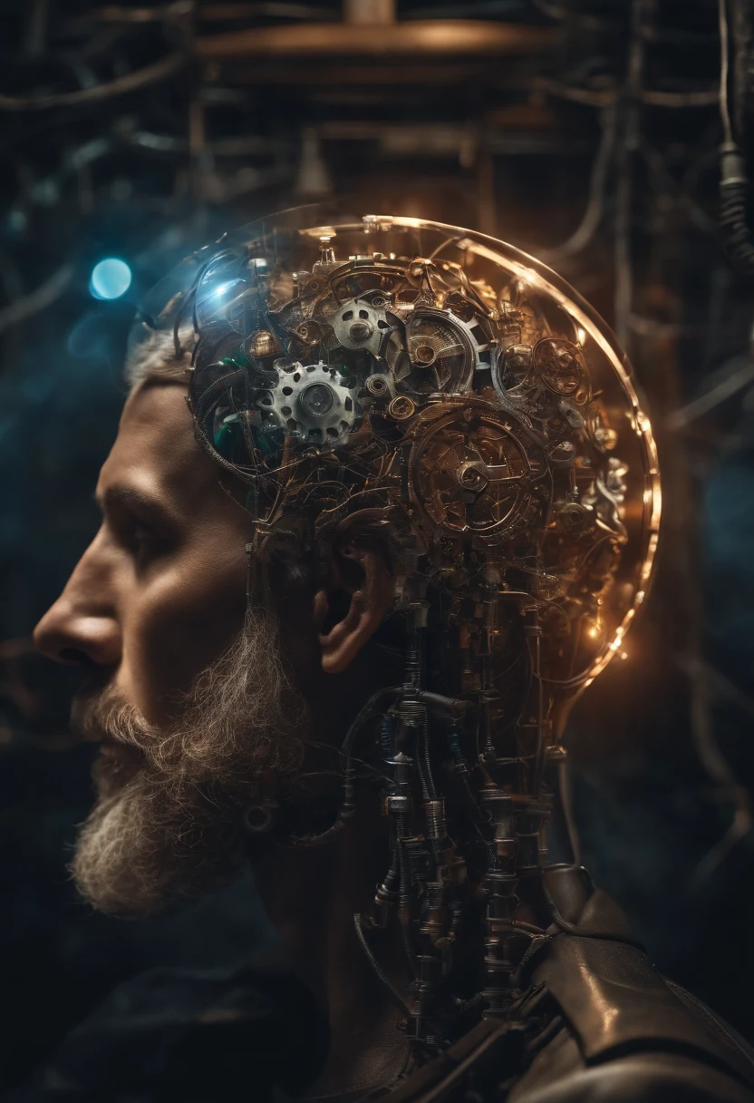 Human brain being reprogrammed through gears and motors, On a male head with long beards, in a confusing and mysterious environment with lights that connect the brain to the universe
