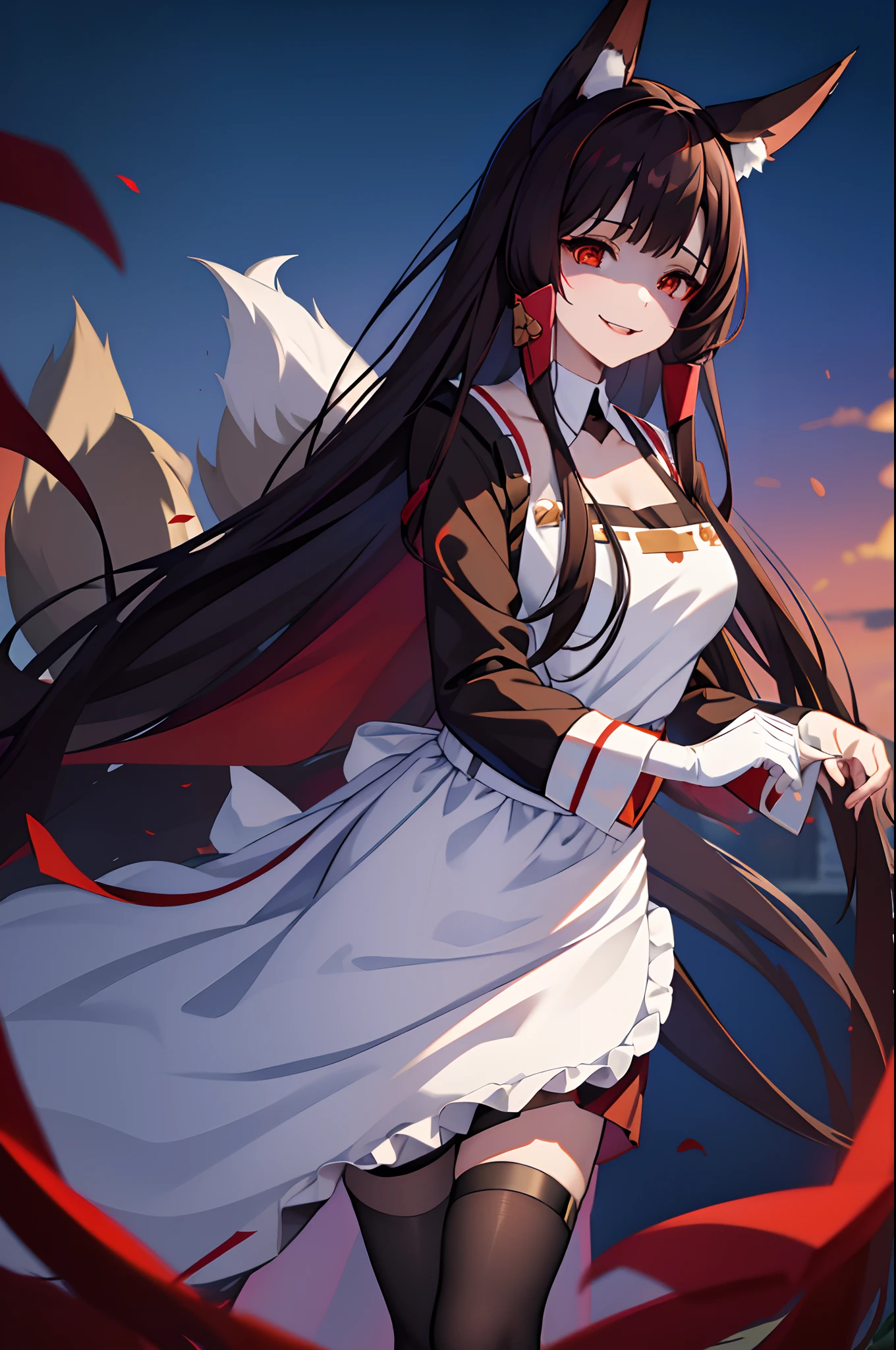 masterpiece, best quality, AkagiV4, azur lane, akagi (azur lane), 1girl, animal ears, black hair, brown hair, fox ears, fox girl, gloves, (((apron))), kitsune, long hair, looking at viewer, red eyes, smile, tail, close up, shaded face, yandere, dark, crazy eyes