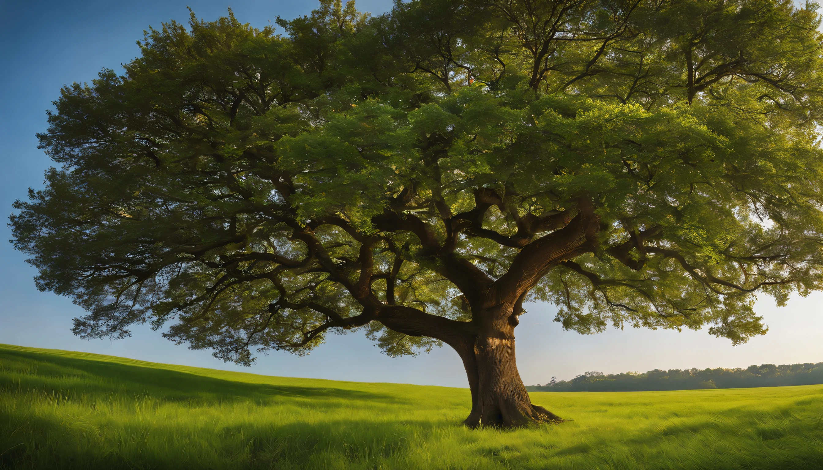 head portrait,cloudless sky,The tree,green grasslands