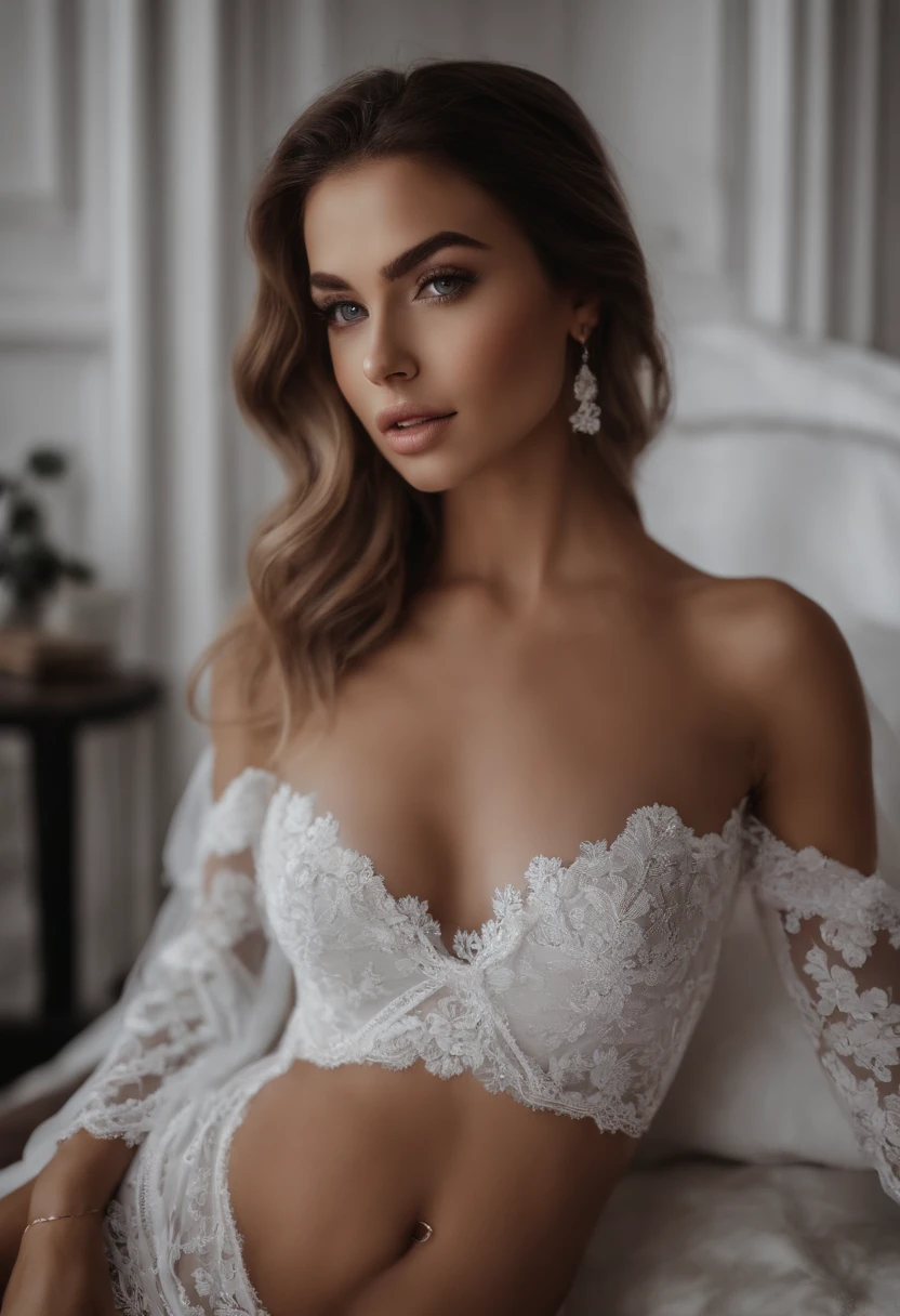 Femme Arafed complètement , fille sexy aux yeux bruns, Français, ultra réaliste, Méticuleusement détaillé, Portrait Sophie Mudd, cheveux bruns et grands yeux, Selfie d’une jeune femme, Dubai Eyes, Violet Myers, sans maquillage, maquillage naturel, Regarder directement la caméra, Visage avec Artgram, Maquillage subtil, Superbe photo du corps entier agenouillée sur le lit, dans la chambre, Buste de taille moyenne à grande, regarde la camera