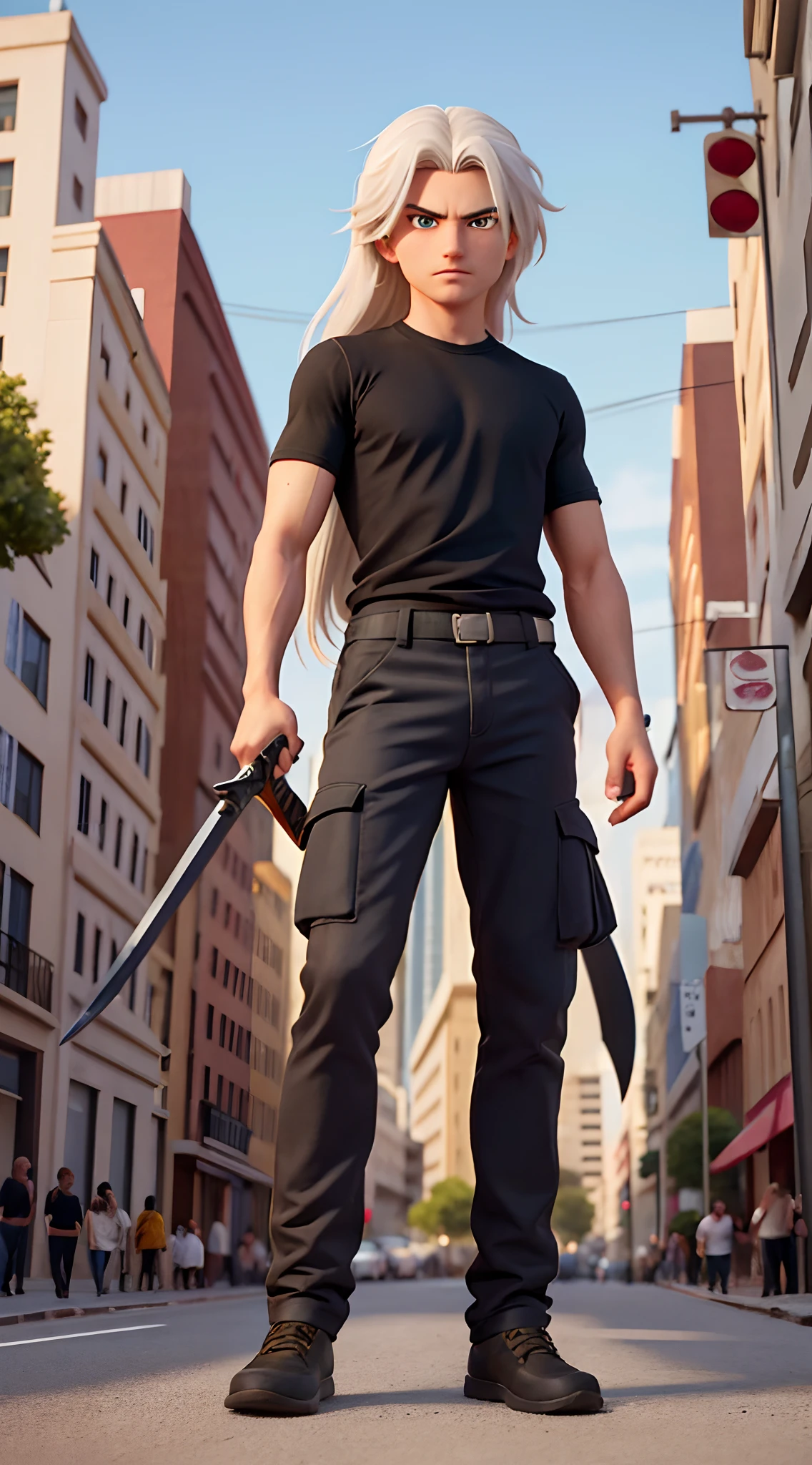 high quality image, a 25 year old man, black shirt without sleeves, long dark green cargo pants, carrying a long sword, long white hair, sharp eyes, black right eye, yellow left eye, in the middle of a busy city and lots of people