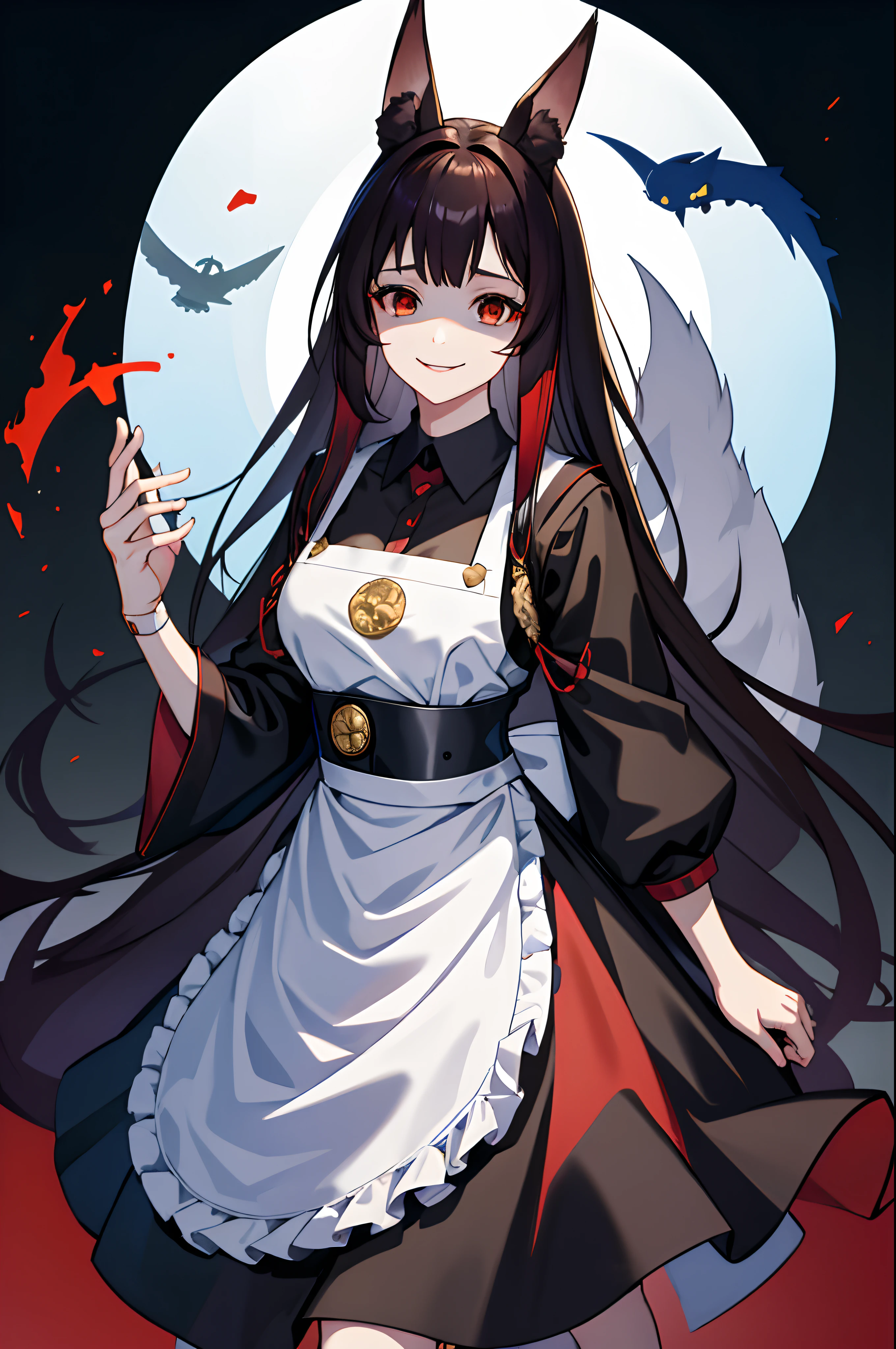 masterpiece, best quality, AkagiV4, azur lane, akagi (azur lane), 1girl, animal ears, black hair, brown hair, fox ears, fox girl, gloves, (((apron, inddors))), kitsune, long hair, looking at viewer, red eyes, smile, tail, close up, shaded face, yandere, dark, crazy eyes