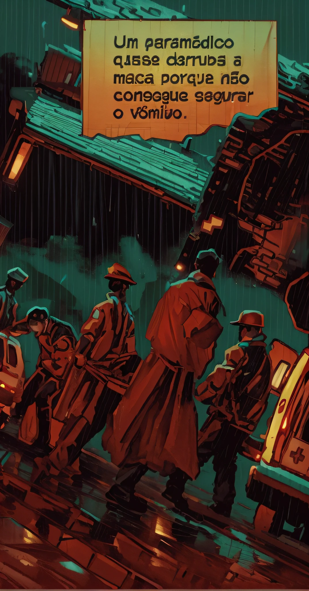 a detective in the foreground walking towards several paramedics who are carrying a covered body on a stretcher, in the background an old brick mass, a night with a lot of rain, and with a lot of water on the ground, green suspenseful lighting