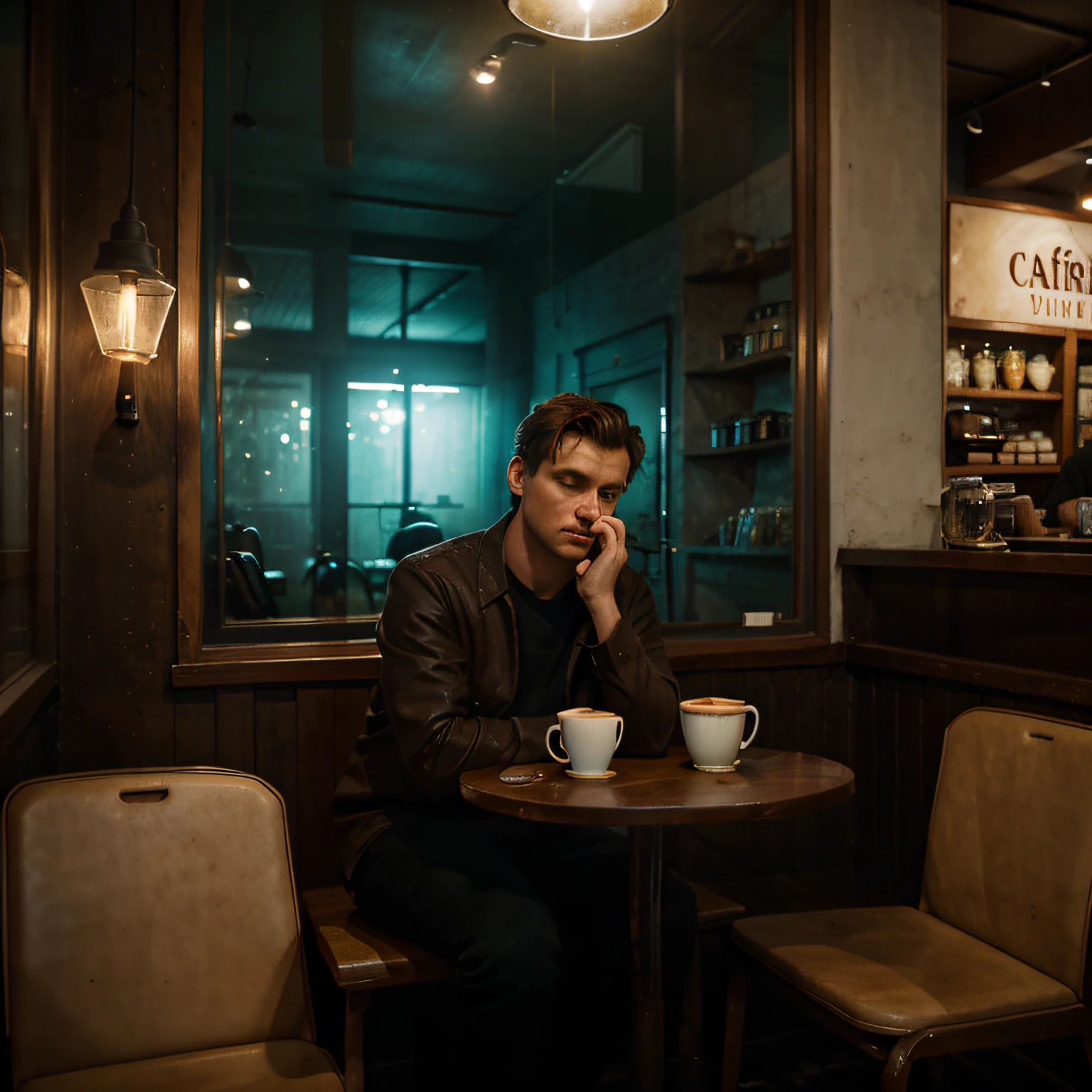 An coffee shop with a sign that says cafe in forest, in the style of marko manev, richard billingham, ethereal portraiture, tonalist color scheme, james paick, pensive stillness, dark aquamarine and red