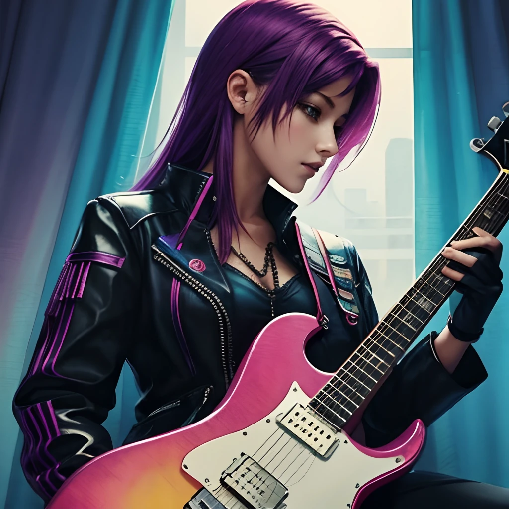 guitar,cyber punk,very watercolor,beautiful woman