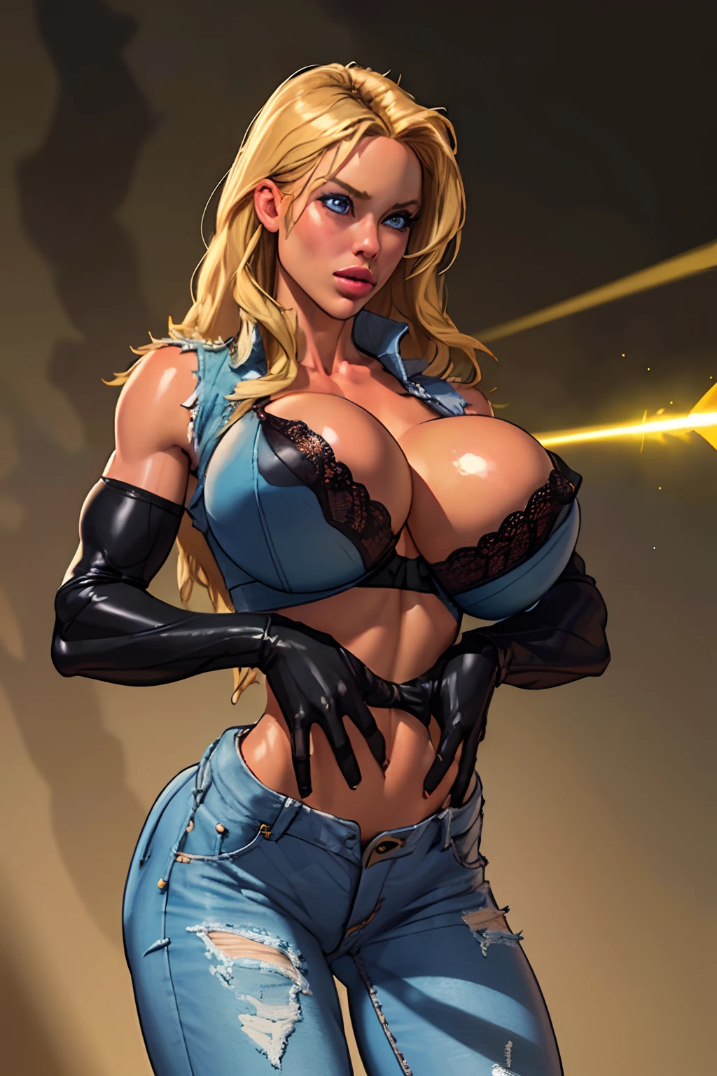 (((1 girl, cute, (gigantic breasts:1.2), sleeveless denim jacket, black lace bra, jeans, black elbow Gloves, strawberry blonde long hair, straight hair, side parted hair, blue eyes))), (((strawberry blonde hair))),
dynamic poses, realistic style, depicting a group of characters in various action scenes, from intense battles to lighthearted moments, with dramatic speed lines and bold sound effects, capturing the excitement and energy of the story, Laser rays from the palm of hand, Attack forward with palm, stonehedge, england,