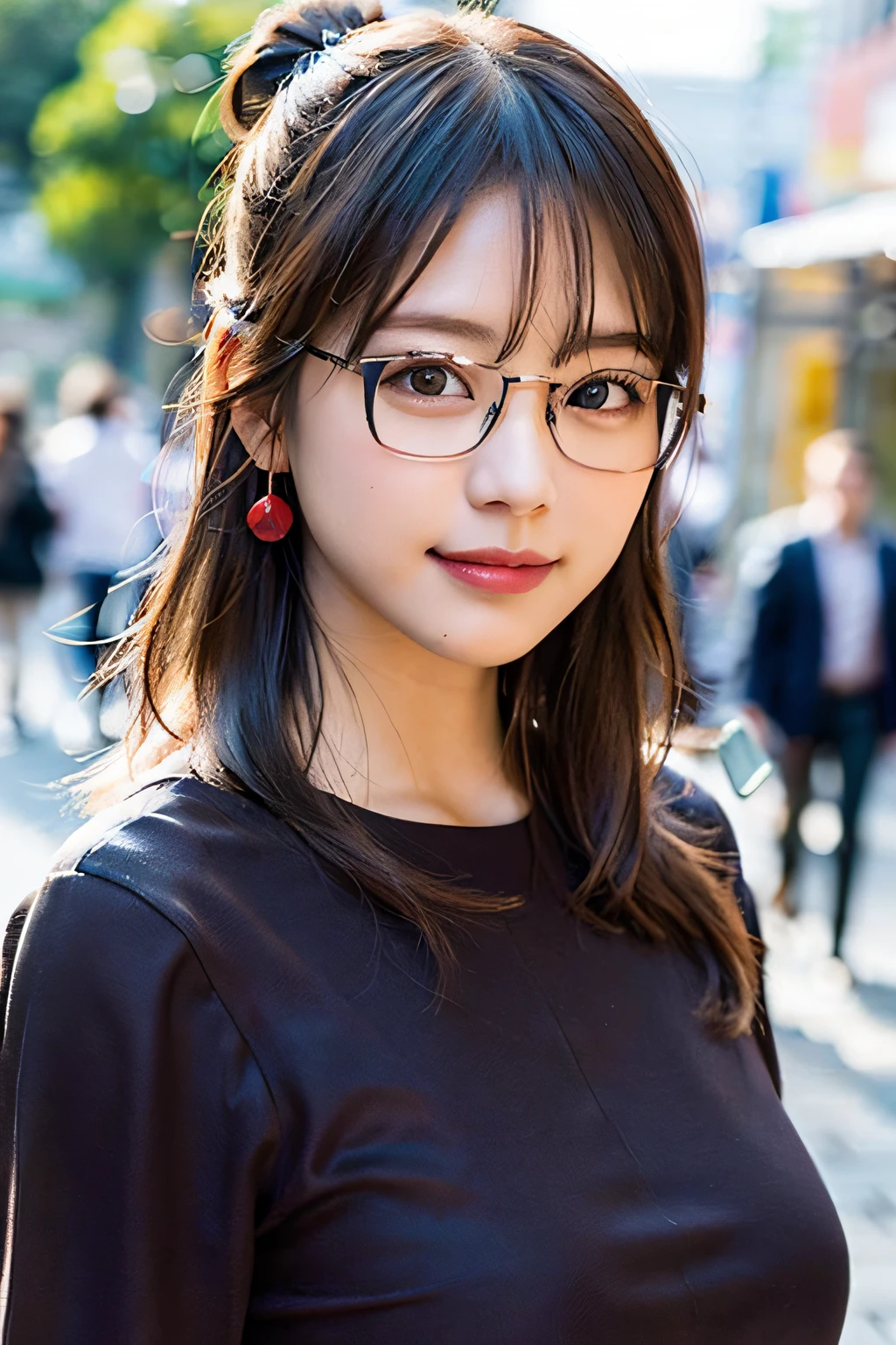 (8K、RAW photography、top-quality、tmasterpiece:1.2)、(hentail realism、Photorealsitic:1.37)、ultra - detailed、超A high resolution、1 rapariga、see the beholder、beautifull detailed face、A smile、shrinks、(Slim waist) :1.3)、((Red shirt clothes))、beautiful detailed skin、Skin texture、Floating hair、((Hair tied in a tuft))、Large of breast,Good shape、Professional lighting、In front of the station at noon、((black square glasses))、full bodyesbian、Brown hair、((I'm on the phone))、