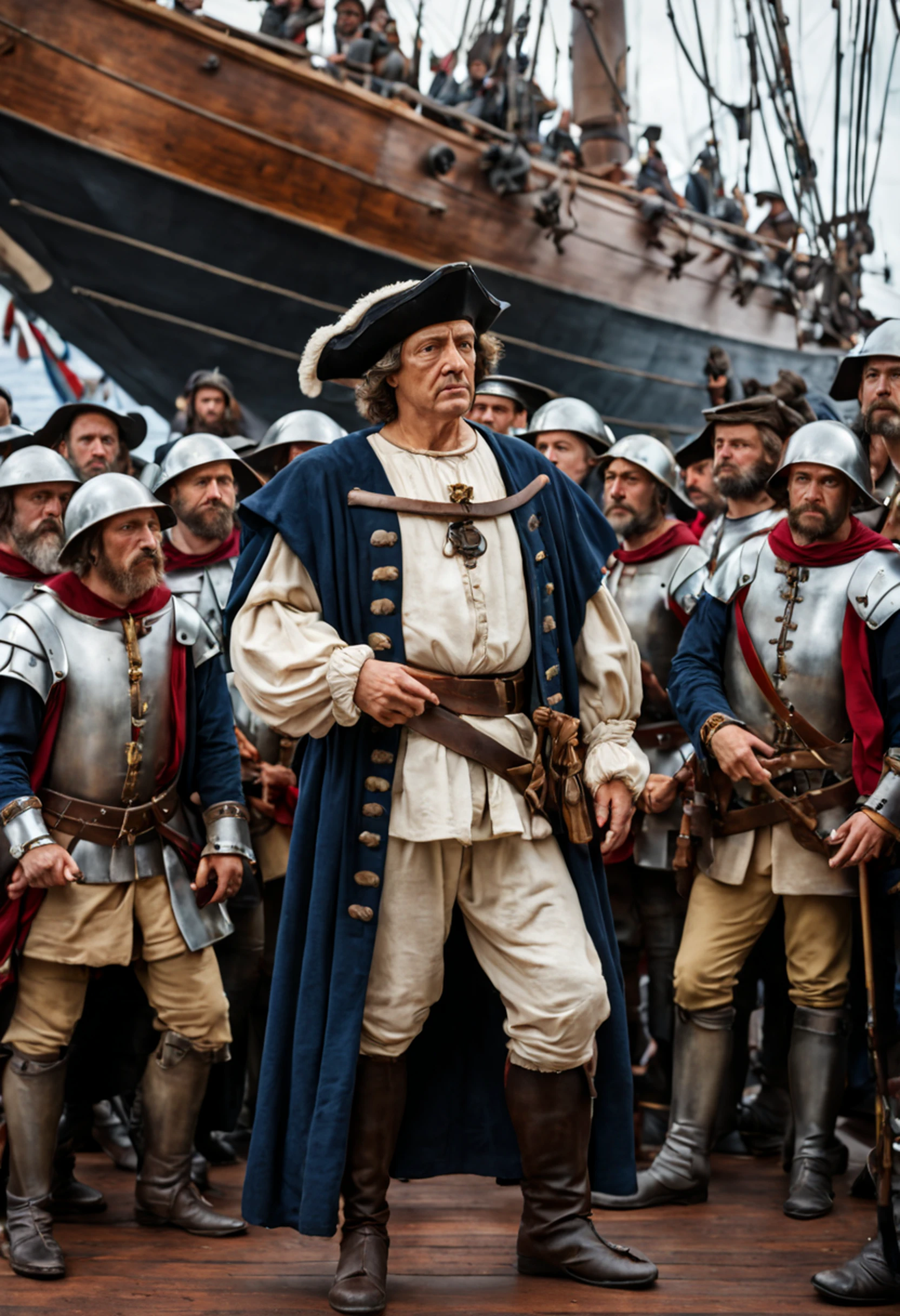 masterpiece, best quality, Christopher Columbus meeting with his troops on the ship Santa Maria, serious face, realistic, looks real, cinematic, scrathes, full body, face expression clear