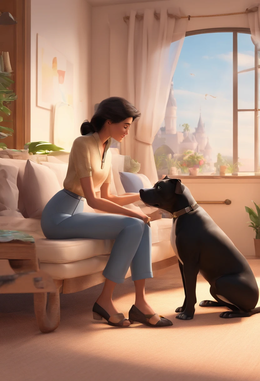 Create a 3d and 4k disney pixar animation. father approximately 60 years old, beige pants, white shirt, brown shoes, short straight gray hair and black eyes. daughter approximately 35 years old, long dark curly hair, black eyes, black shorts with black belt and gold buckle, white gypsy blouse. mother approximately 60 years old, short dark hair, black printed knee-length dress, blue sandals and black eyes. black pitbull dog with white of the dog and black eyes. The daughter is hugged between her father and mother. the dog is sitting in front of them.