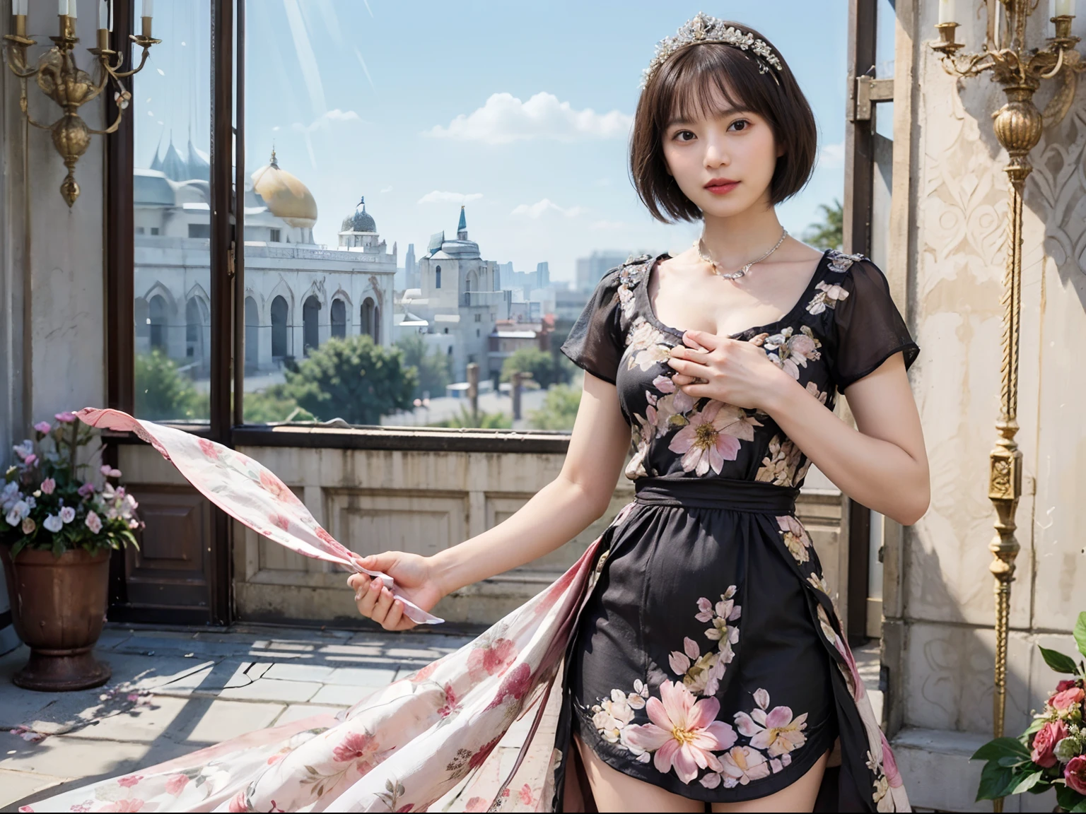 80
(20-year-old princess,is standing), (A hyper-realistic), (masutepiece), ((short-hair:1.46)), (Smooth black hair), (Breast:1.0), (kindly smile:0.9), (Floral Dresses:1.46), (Majestic Palace:1.46), Orange Lipstick