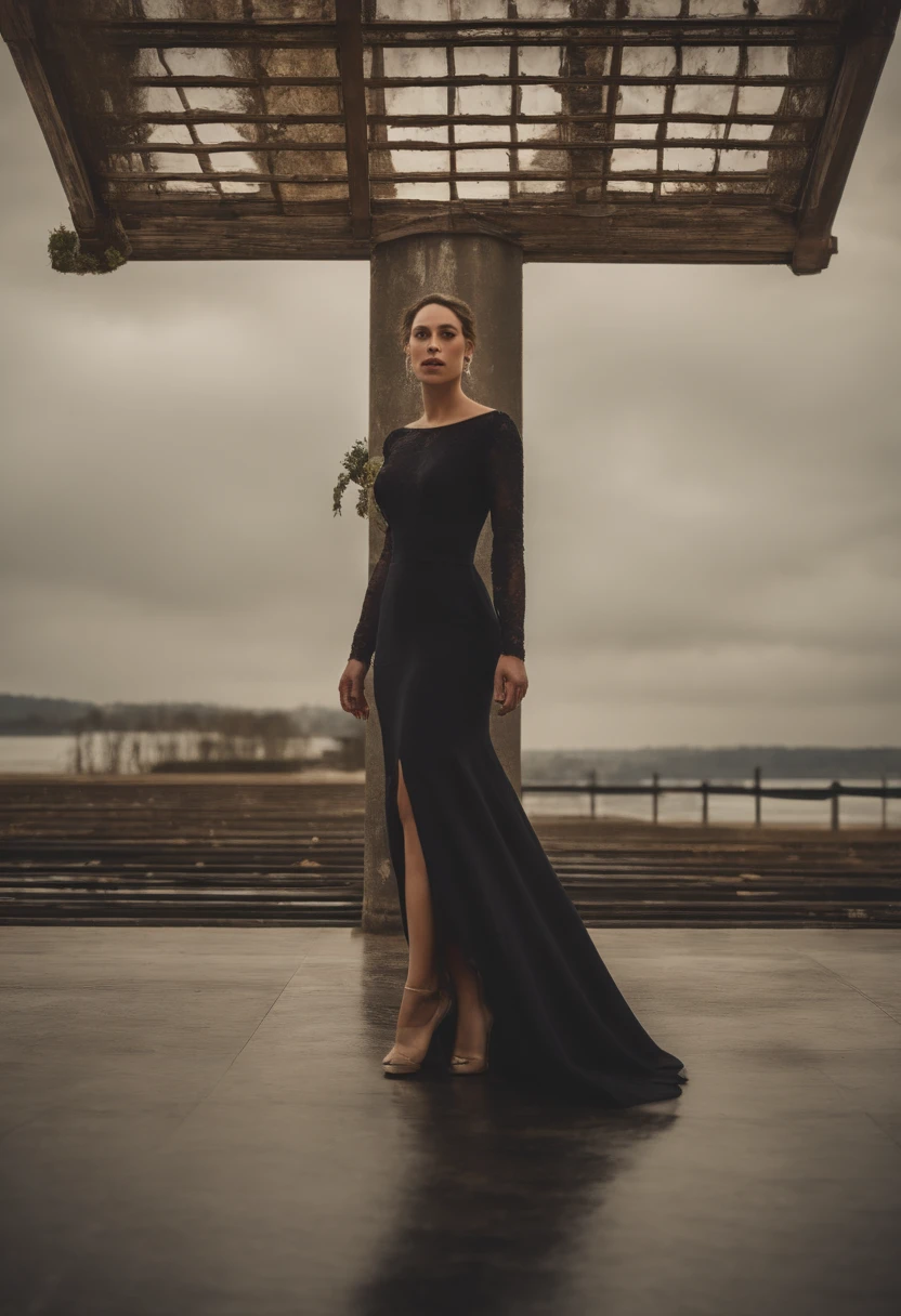 Obra-prima, de melhor qualidade, uma idosa magra, cabelo escuro e crespo, de vestido, salto alto