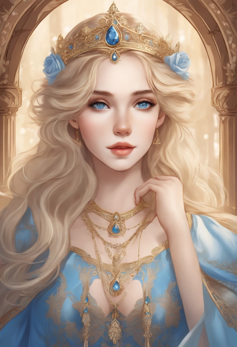 Color illustration of a blonde and blue-eyed princess。Color illustration of the same princess with only bones。