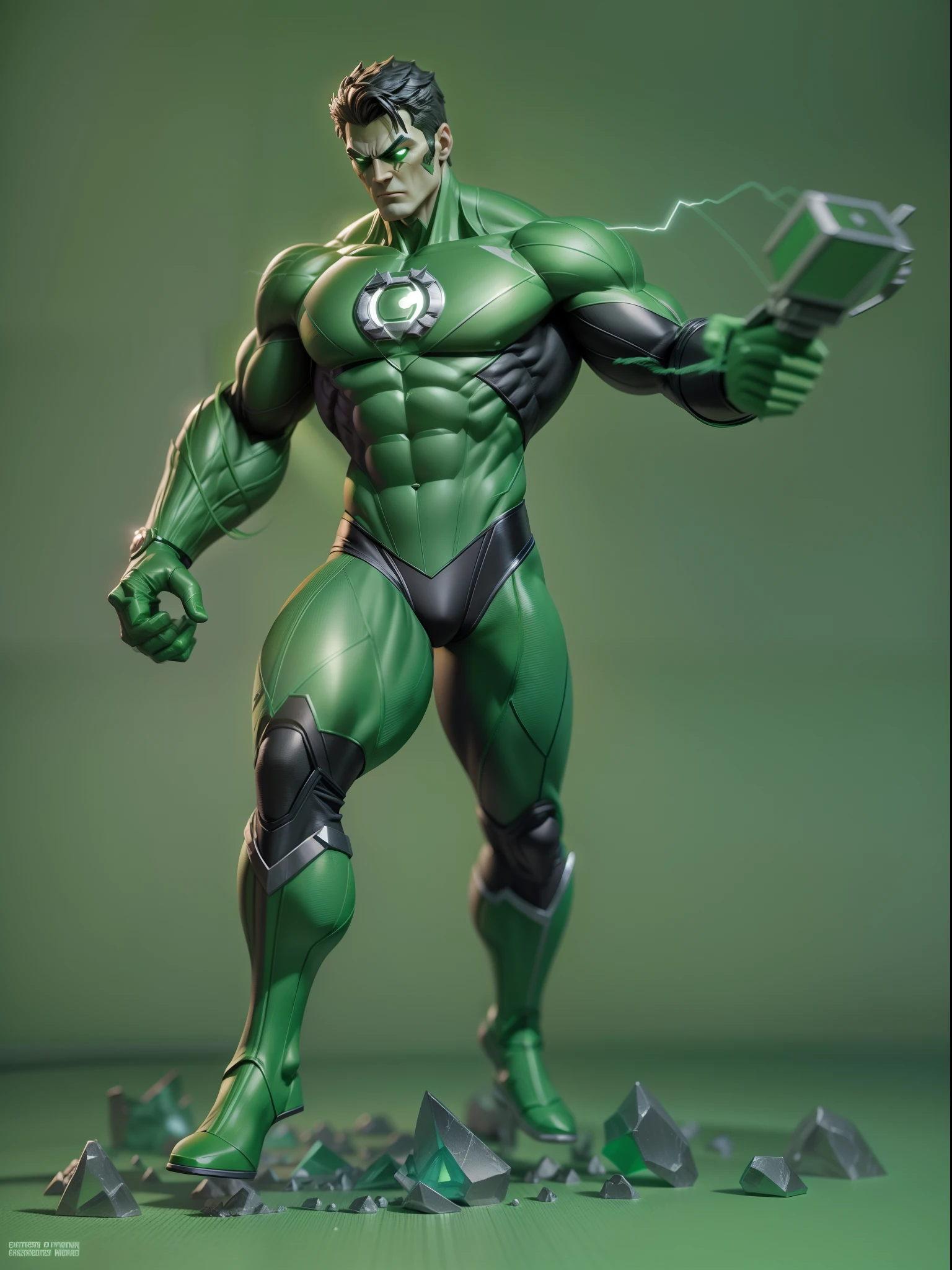 1Green lantern, green flash light effects, intense fight scene, 3D model figure, green studio background, studio soft lights, 3dfigure, 3D toys model, best quality, ultra detailed, masterpiece collection, dslr camera shot