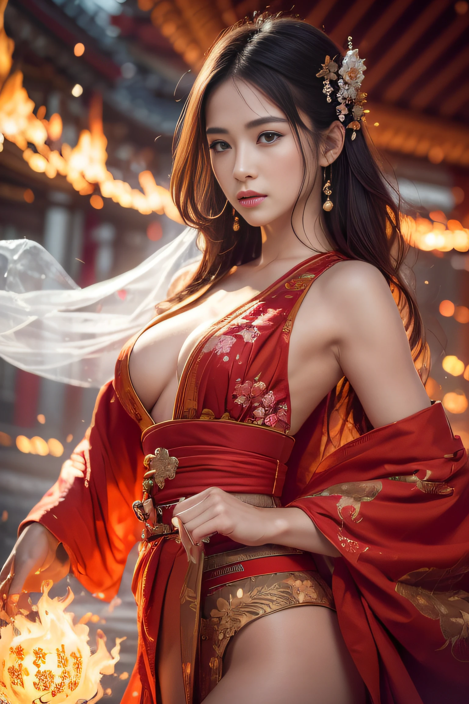 (masterpiece:1.2), ultra detailed, ultra high res, (realistic, photo realistic:1.37), high detail RAW color photo, professional photograph, an extremely delicate and beautiful, extremely detailed, 8k wallpaper, Amazing, finely detail, huge file size, extremely detailed beautiful girl, extremely detailed face, extremely detailed eyes, extremely detailed skin, extremely detailed fingers, highly detailed nose, highly detail mouth, Perfect Anatomy, Highly detailed background, (a famous actress of Japan:1.2), (gals:1.5), (flat chest:1.5), brown race, dark skin, reflection, wearing an elegant traditional kimono flower embroidery, (intricate detailed on kimono), epic background, (weapons, fire, glitter:1.2), (red moon:1.2), (fog:1.5), (ghost:1.2), (red fire:1.2), fantasy,