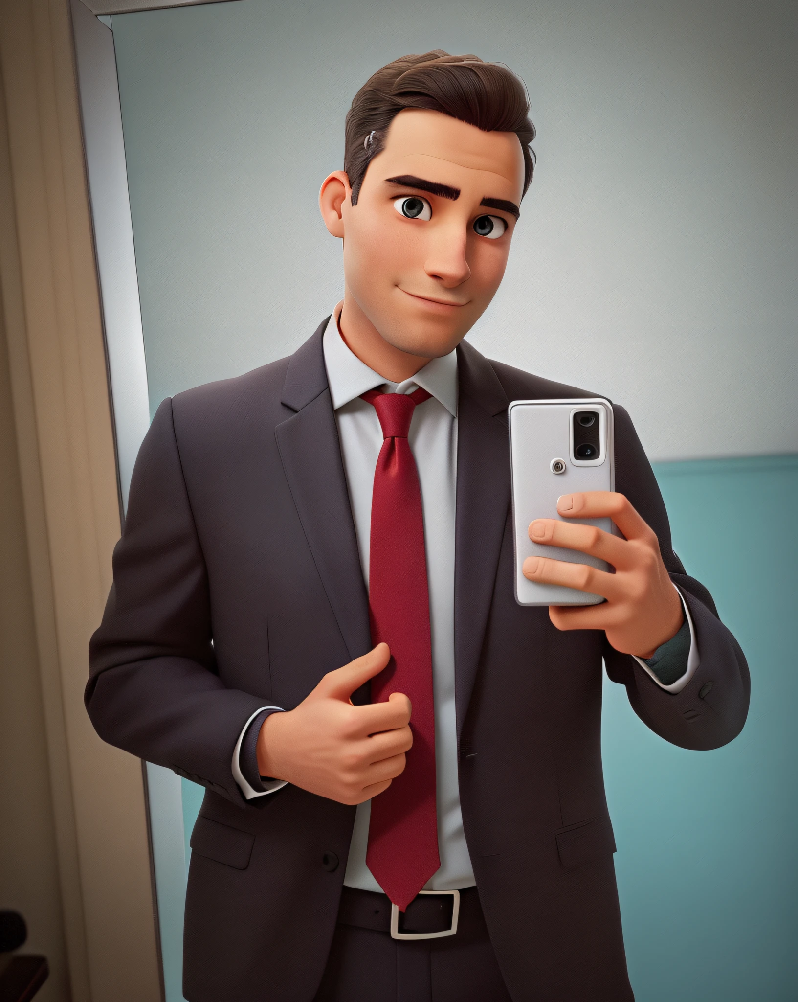 man in suit taking one in the mirror