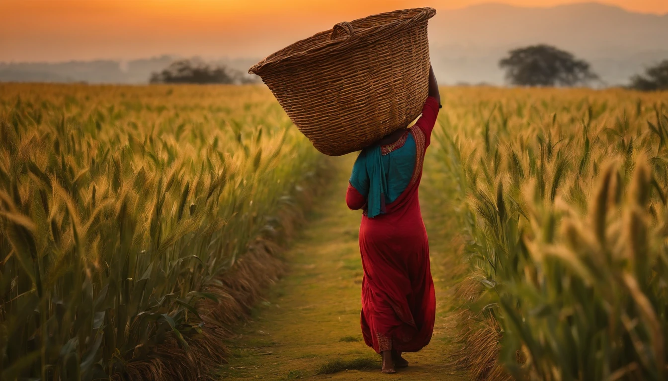 ultrarrealismo, oil-painting, silhueta, mulher agricultora, Walking through a plantation, Carrying a straw basket over his head, Both arms are raised balancing the basket, fundo bege, wheat plantation