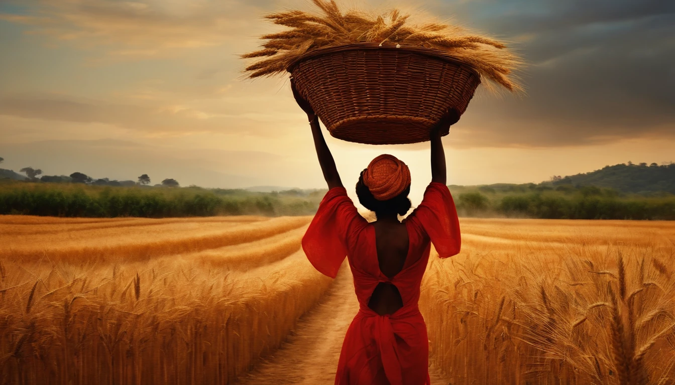 ultrarrealismo, oil-painting, silhueta, mulher agricultora, Walking through a plantation, Carrying a straw basket over his head, Both arms are raised balancing the basket, fundo bege, wheat plantation