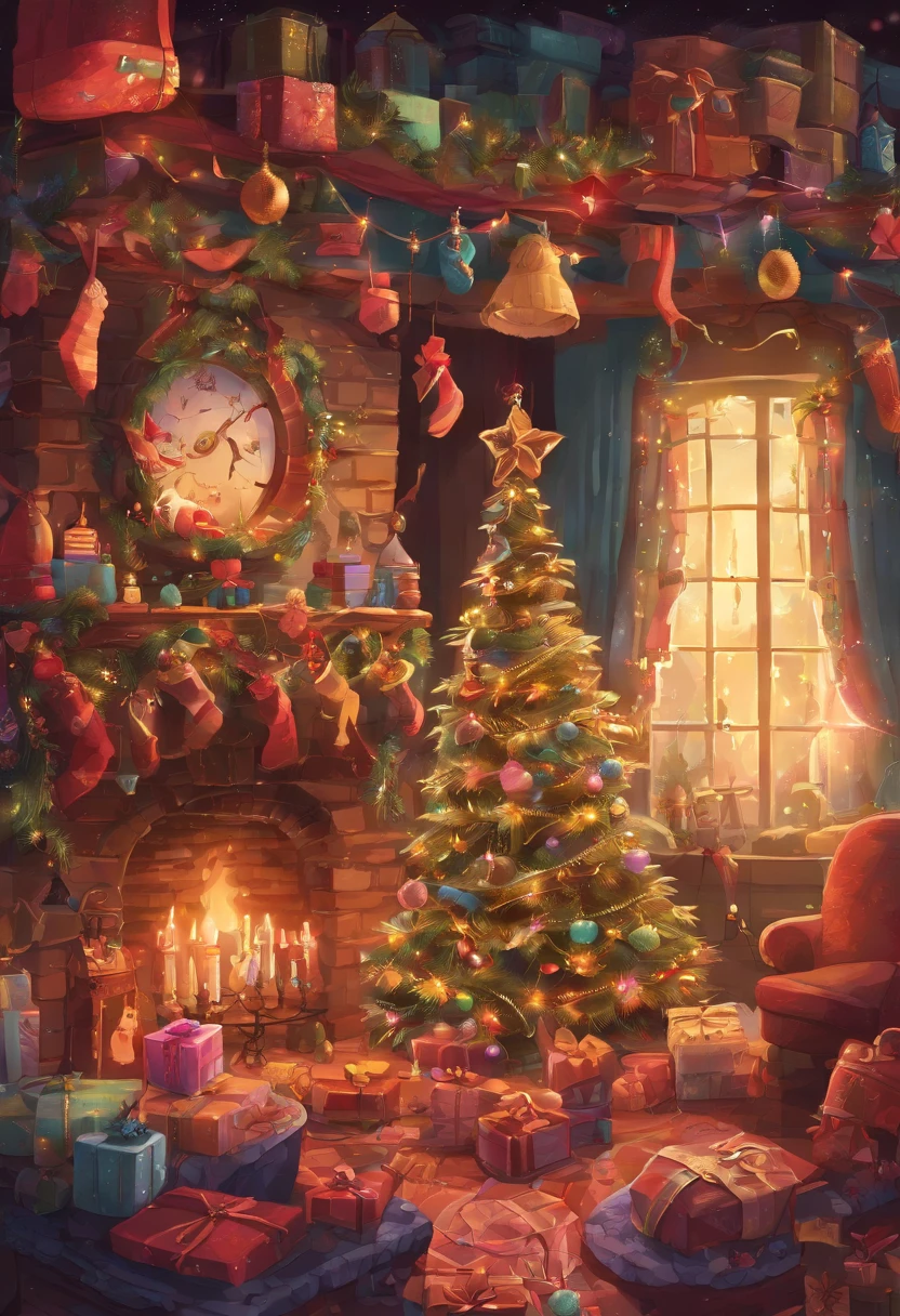 Design a Christmas Greeting Card with a dreamy and fantastical scene that prominently features knitting, crocheting, and sewing. Picture the following:

[Front of the Christmas Greeting Card]

[Image: A dreamy, fantasy-inspired scene]

In a world where dreams come to life, an enchanting tableau unfolds in front of a crackling fireplace. An old sewing machine, placed either on the left or right side, creates a sense of nostalgia and tradition, perfectly blending with the themes of knitting, crocheting, and sewing.

Beautifully wrapped gift boxes are scattered throughout the scene, each adorned with otherworldly patterns and colors that glisten like stardust. Some gift boxes showcase knitting needles, crochet hooks, and sewing motifs, establishing a strong connection to the crafts.

Wool and colorful yarn cascade like a gentle waterfall, weaving an intricate tapestry of enchantment that envelops the room. These threads are actively used for crafting, creating a haven for crafters' dreams. Soft fairy lights fill the space with a dreamy glow, where holiday wishes take flight.

Hanging from the ceiling and adorning the fireplace mantel, garlands woven with enchanted baubles and elven bells add an extra layer of magic to the setting, making this Christmas a truly wondrous and crafty adventure.

[Your Heartfelt Christmas Greeting Here]

Please ensure the tone remains warm, inviting, and filled with the magic of crafting and dreams. Thank you for creating this fantastical scene