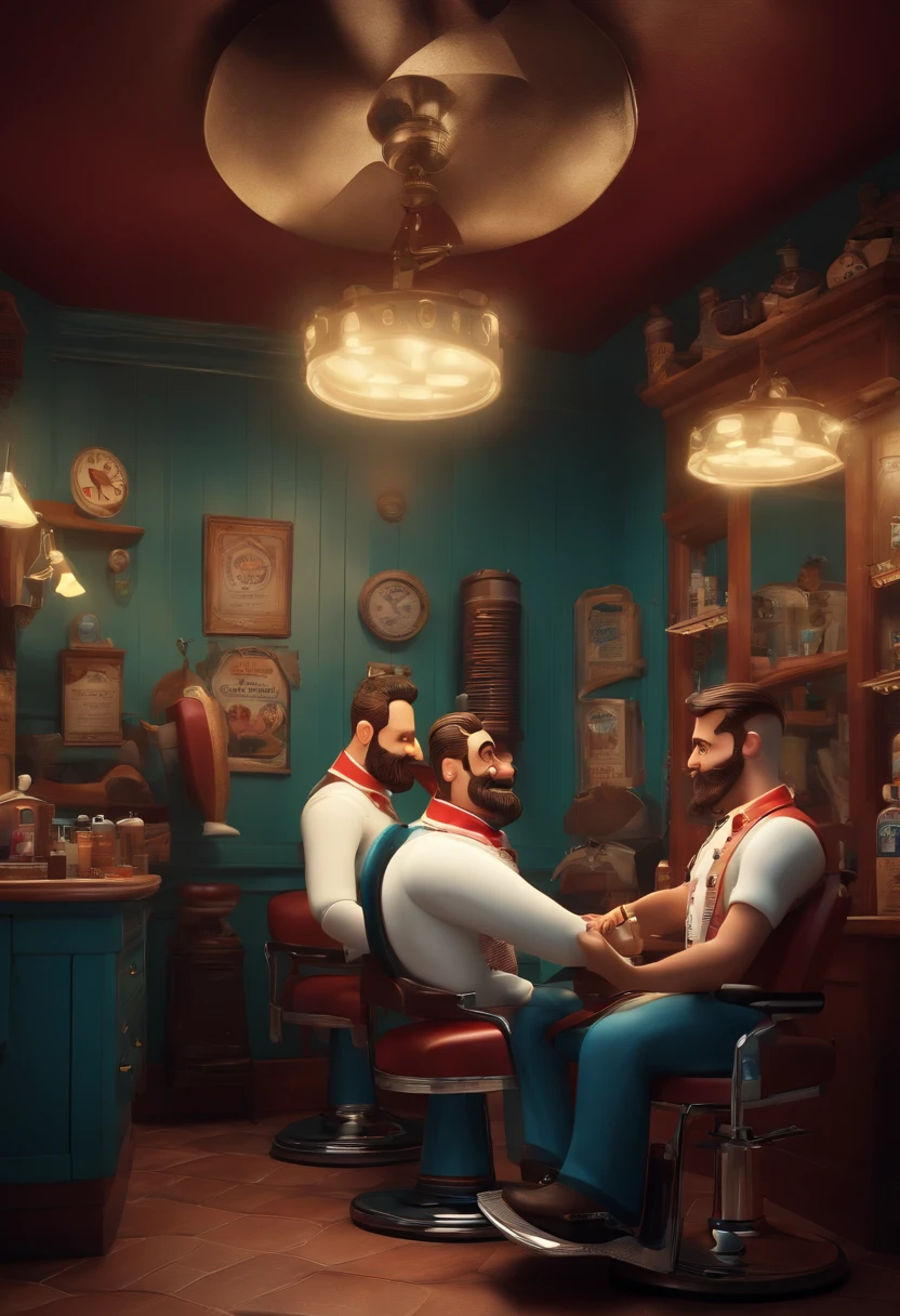 a 3D Pixar Disney style movie poster whit the text “Dos Mares Barbearia” uniformed barbers cutting hair inside a barbershop