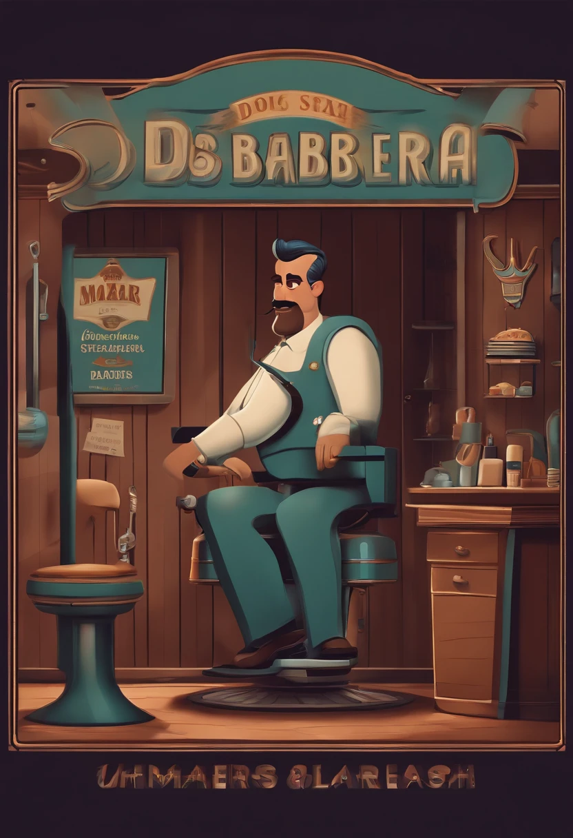a 3D Pixar Disney style movie poster whit the text “Dos Mares Barbearia” uniformed barbers cutting hair inside a barbershop