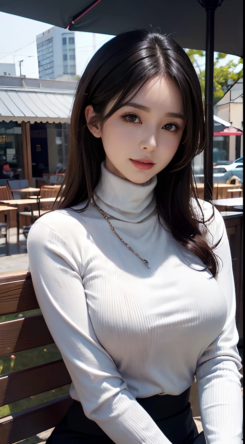 ((Mature woman sitting in front of café)),((turtleneck shirt:1.3)). 40k, Photography, masutepiece, Best Quality, dark grey background, ((Mature Women, waifu, mami, A MILF)), ((voluptuous breasts)), Perfect face, perfect tits, ((The chest is huge)), ((One girl with brown eyes and gorgeous bright black hair)). a Pretty Japanese woman，completely soft chest and white skin,, ((Very soft breasts)). Ultra-detailed face, Detailed eyes, embarrassed, Smile, Summer, Daytime, (((Slave Collar))), Half body, fixed、Nasty sexual gasping face