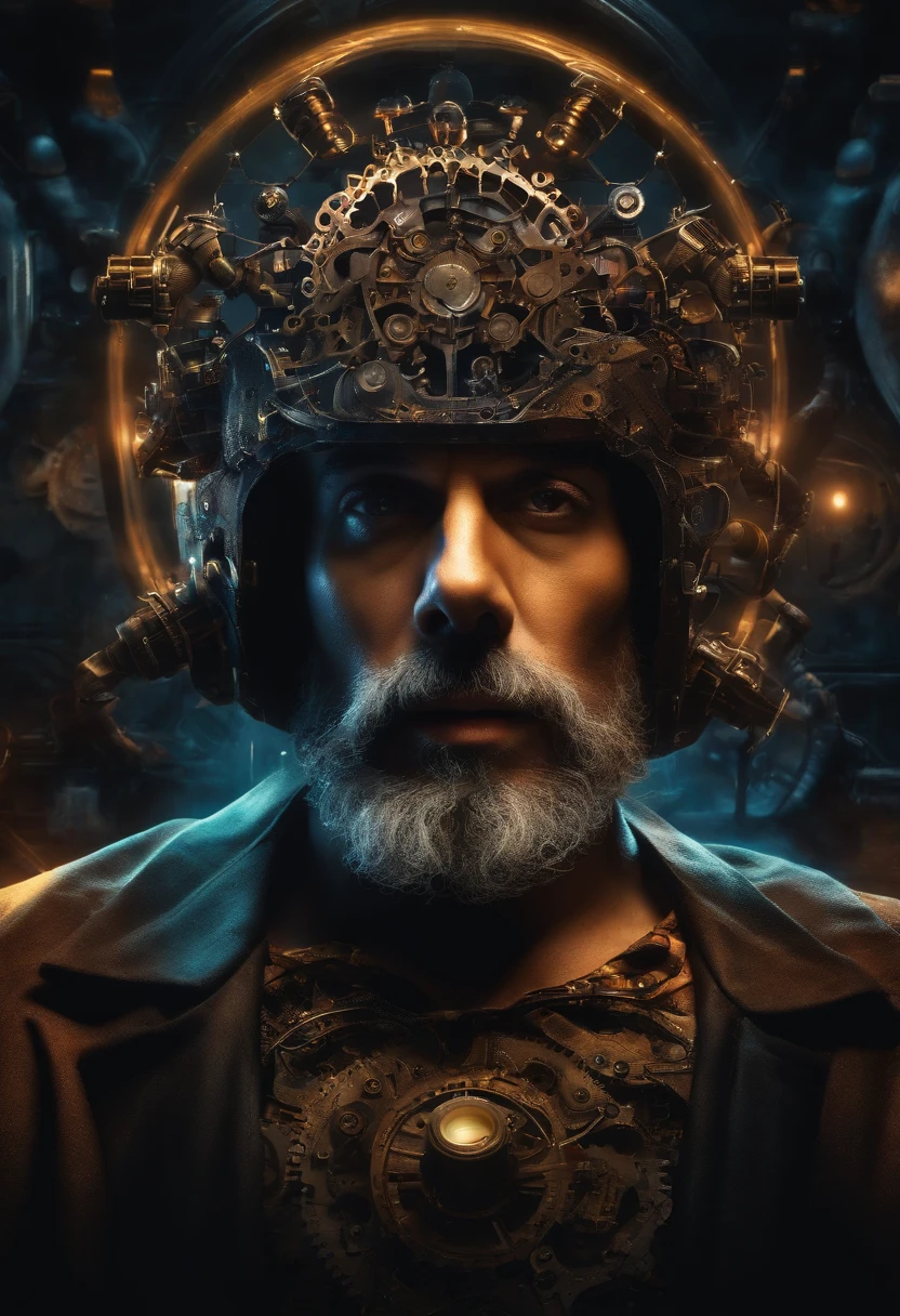 Human Brain Being Reprogrammed to Forget Addictions, through gears and motors on a male head with long beards, in a confusing and mysterious environment with lights that connect the brain to the universe, imagem vista de frente