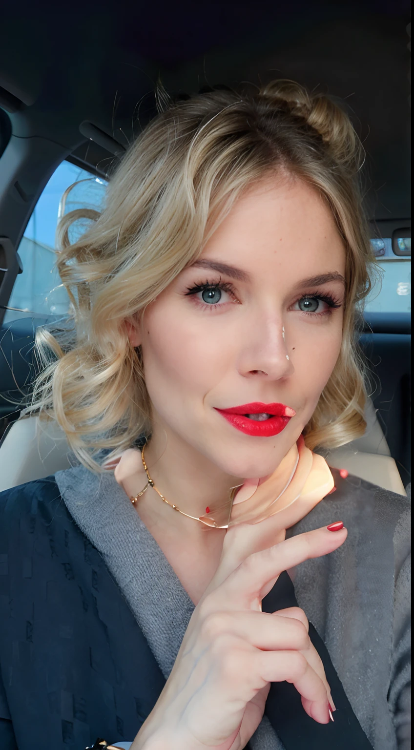 Blonde woman with red lipstick and necklace in car with hand up, imagem de perfil, red lips, foto do perfil, Batom vermelho no rosto, thick red lips, foto de perfil headshot, Big Red Lips, Batom vermelho brilhante, both have red lips, small and thick red lips, sexy red lips, usando maquiagem profissional, taken in the early 2020s, Red lipstick on the lips disney pixar cartoon style, heroina , perigosa, justiceira, sexy, unhas vermelhas