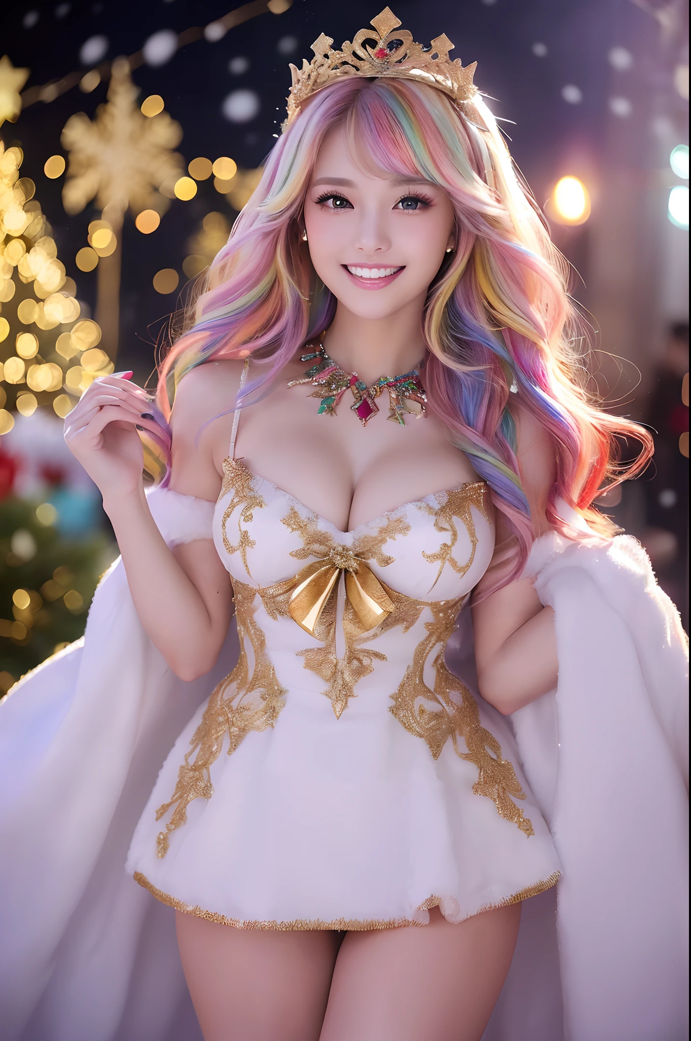 ((1人の女性,The most beautiful faces in Japan,25-years old,Gal princess,rainbow-colored hair,rainbow hair,a blond,Longhaire,Perfect gas chamber,Shooting from the knee up,A detailed face,face perfect,The background is the city of Christmas)),((Beautiful hairstyle,gorgeous dress,Red, White the&Gold Dress,The finest giant tiara,Huge necklace,Giant Gems,Jeweled dresses,Fantastic illumination,Lights on glowing background,colorful makeup,thighs thighs thighs thighs,cleavage of the breast,Christmas present,Gift box with ribbon,Perfect makeup,long eyelashes,Beautiful lipstick,large full breasts,The happiest smile,Staring at them with an adorable expression,Big smile,christmas night,Gorgeous illumination,spectacular movie lighting,Colorful illumination,Large lighting,Giant Christmas Tree,It's snowing,white Christmas,Romantic evening,Christmas Day,Fantastic Christmas)),((Turn to this,Clean teeth,White teeth,detailed tooth,Complex teeth,View here,Perfect fingers,perfect arms,细致背景,top-quality,The ultra -The high-definition,Perfect Anatomy,high-definition RAW color photography,professional photograpy, extremely delicate and beautiful, Extremely detailed,finely detail, Huge file size,Top image quality,8K,Award-Winning Works,masutepiece))