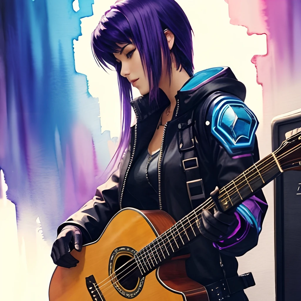 guitar,cyber punk,very watercolor,woman