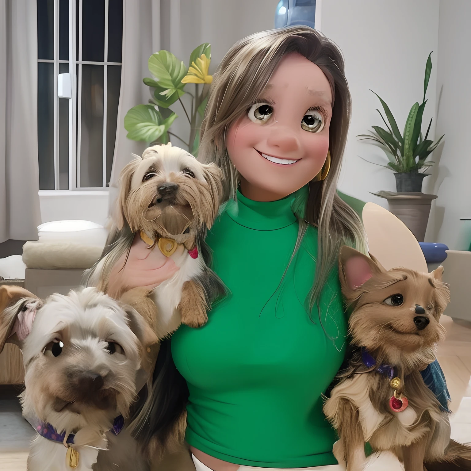 Uma mulher estilo disney pixar, Three Disney Pixar-style dogs, alta qualidade, melhor qualidade