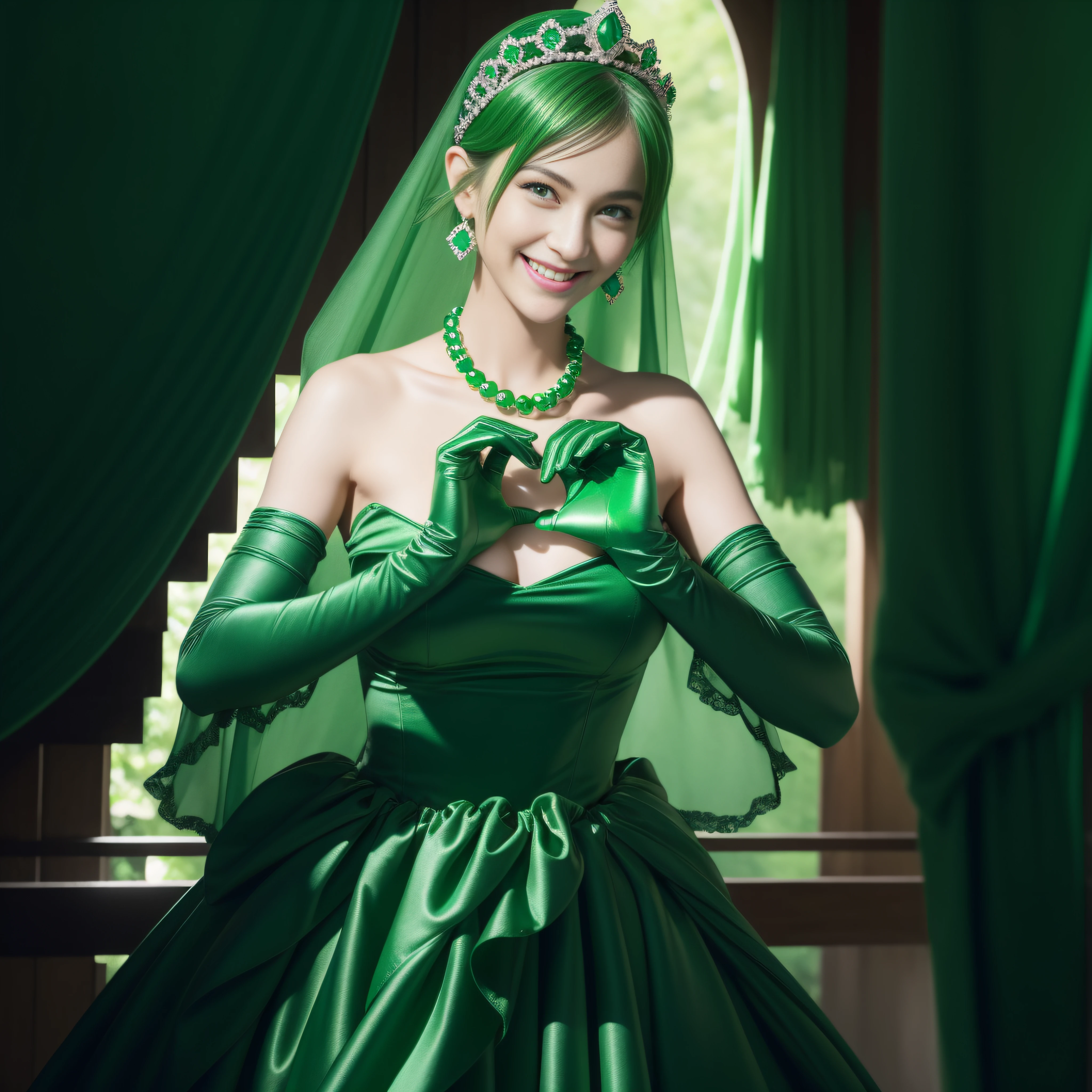 emerald tiara, Green Pearl Necklace, Boyish very short green hair, lipsticks, Japan woman smiling, very short short hair,  big breasts beautiful, Green eyes, Long green gloves made of satin material, Green eyes, Emerald Earrings, green vale, Heart with both hands