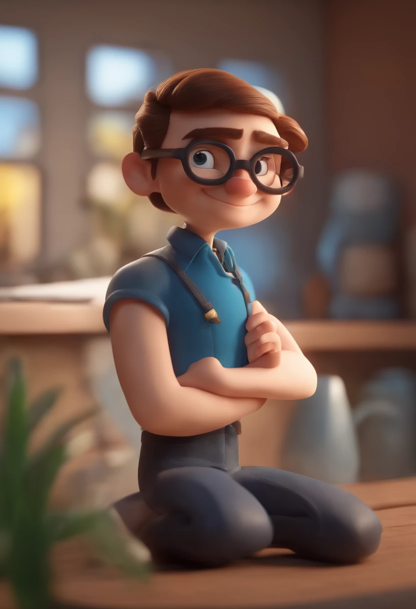 Cartoon character of a man wearing black glasses and a blue shirt, um personagem animado, Caractere estilizado, animation style rendering, 3D estilizado, Arnold Maya render, 3 d render stylized, toon render keyshot, Personagem 3D, Personagem 3D, 3d rendering stylized, 3 d character render, personagem de desenho animado, Personagem de close up, Pose de personagem, (Estilo Pixar) (master part:1.2) (Bokeh) (best quality) (pele detalhada) (textura detalhada) (8k) (argila) (Cinematic lighting) (foco nítido,Senta e vaza a parte superior do corpo