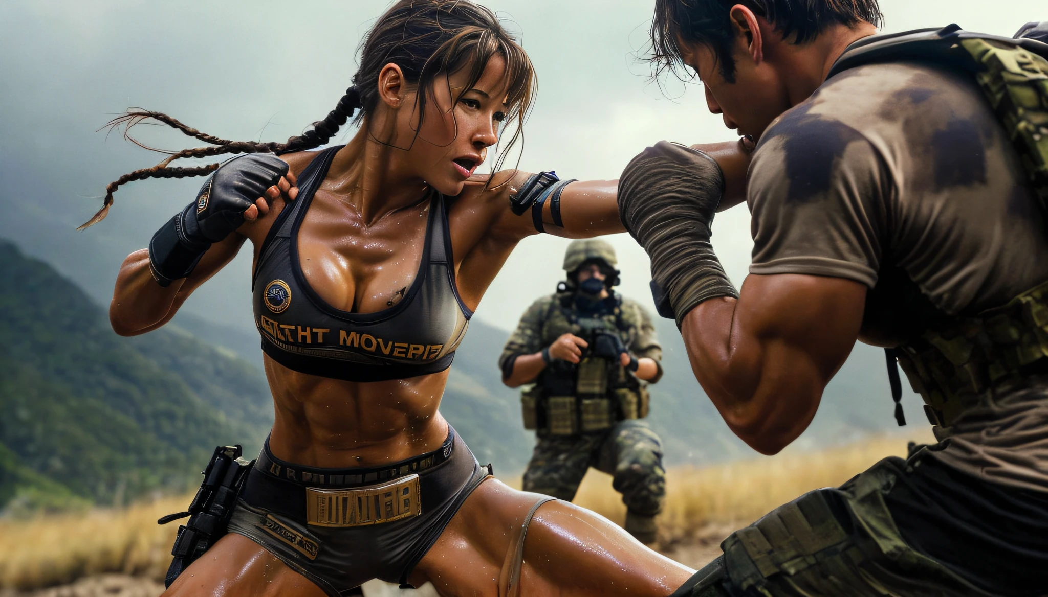 picture of a movie, sophie marceau, confident muscular warrior woman in bikini, toned abs, fighting soldier, "no blood", clean skin, "no scars"