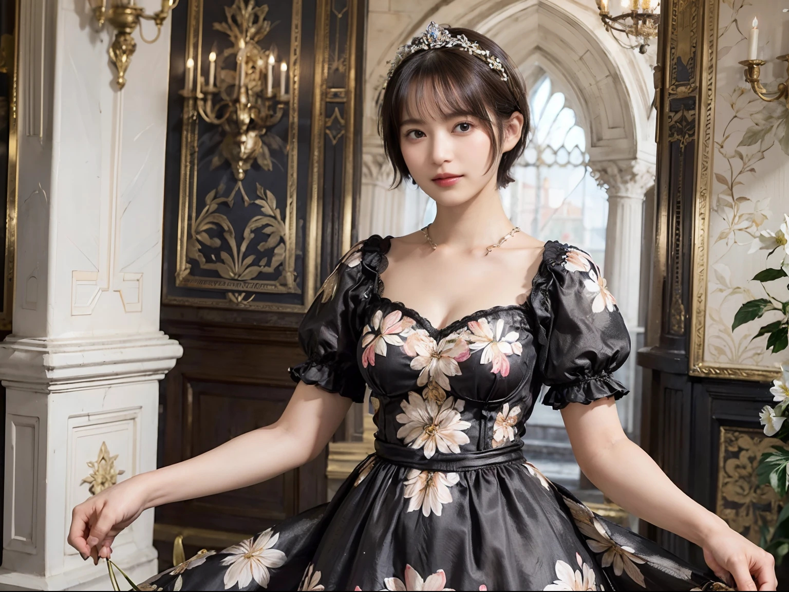 80
(20-year-old princess,is standing), (A hyper-realistic), (masutepiece), ((short-hair:1.46)), (Smooth black hair), (Breast:1.0), (kindly smile:0.9), (Floral Dresses:1.46), (Majestic Palace:1.46), Orange Lipstick