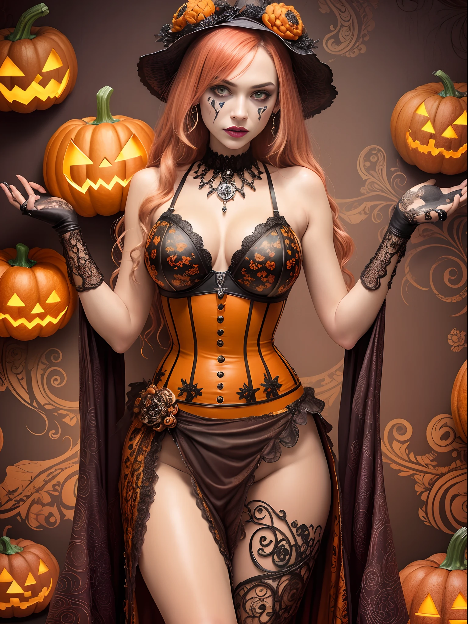 (masterpiece, top quality, best quality, official art, beautiful and aesthetic:1.2), (1girl:1.3), (18 years old), extremely detailed,(fractal art:1.1),(colorful:1.1), (halloween pumpkin ),highest detailed,(zentangle:1.2), full body, (abstract halloween background), (shiny skin), (lots of halloween pumpkins), (super detailed anatomi), (super detailed face), (super detailed fingers), (Halloween theme), (pumpkin skin skirt), (pumpkin skin bra), (pumpkin skin clothes), (into the big pumpkin), (scary joker makeover)