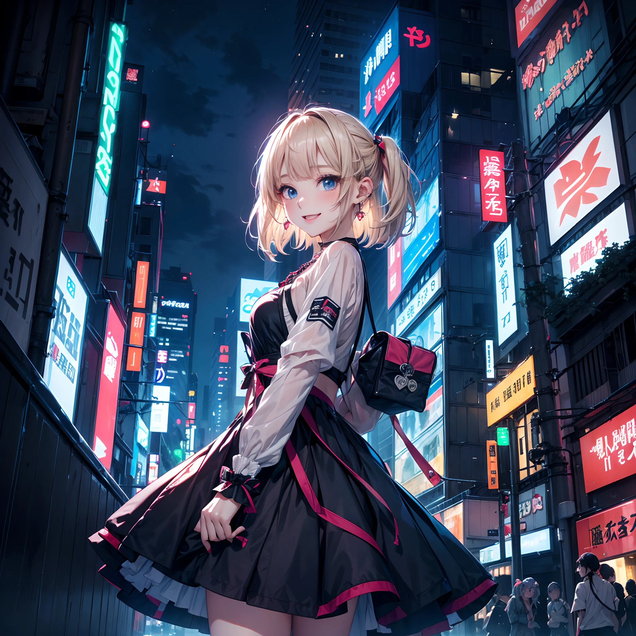 absurderes, (独奏:1.5,)ultra-detailliert,bright colour, extremely beautiful detailed anime face and eyes, view straight on, ;D, shiny_skin,25 years old, Happy smiling face、Short hair, , asymmetrical bangs, Blonde hair with short twin tails, Shiny hair, Delicate beautiful face, red blush、(Blue eyes), White skin, hair clips, earrings, a necklace, Onepiece、(Midnight Tokyo)、(Lots of neon:1.3),(highrise buildings:1.2),(Scramble crossing)