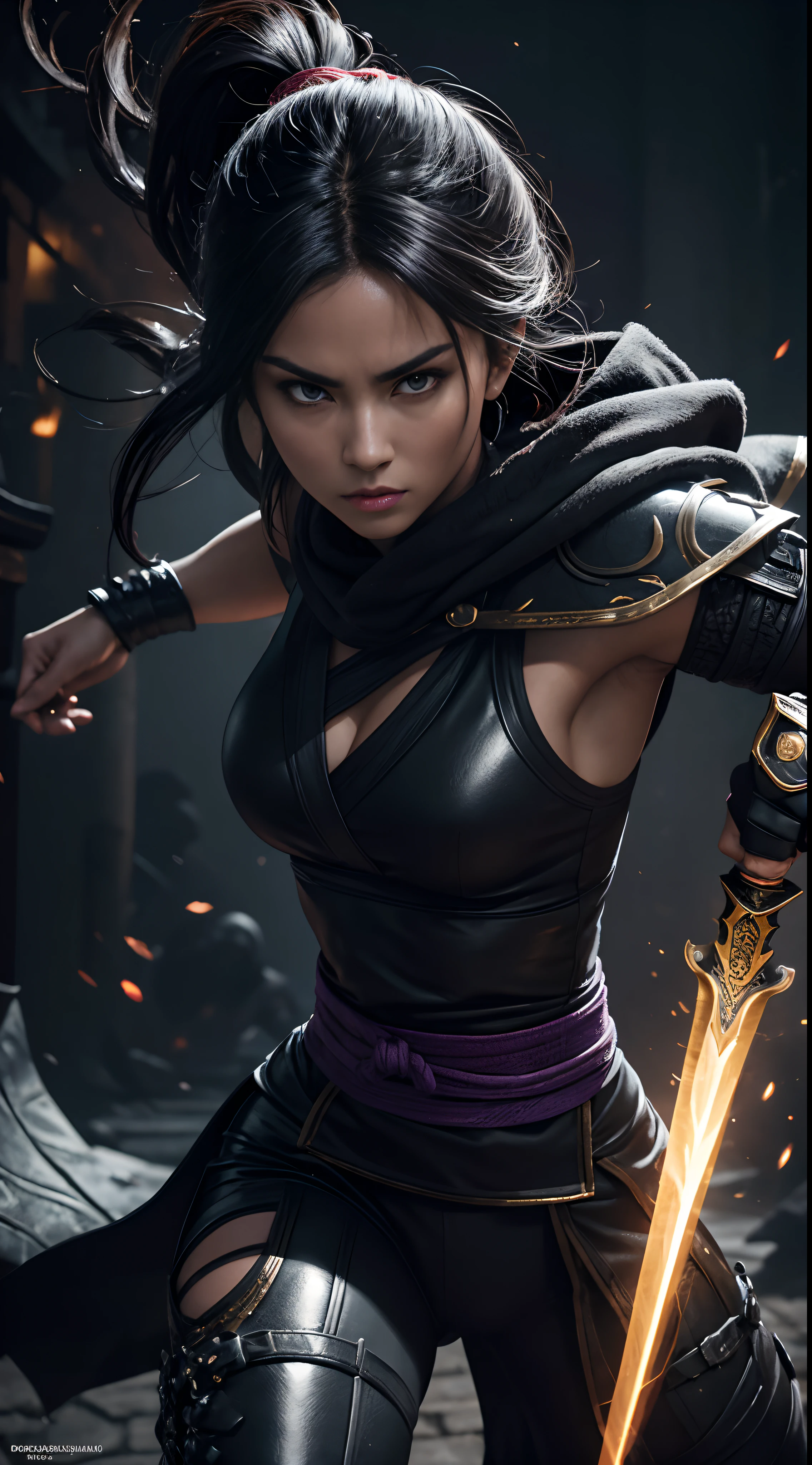 (best quality,4k,8k,highres,masterpiece:1.2),ultra-detailed,(realistic,photorealistic,photo-realistic:1.37),warrior,assassin,heroine,sugilite ninja woman,beautiful detailed eyes,beautiful detailed lips,extremely detailed eyes and face,longeyelashes,beautiful and sexy appearance,feminine but strong,impressive body figure,flawless skin,glossy dark hair,athletic body,combat ready postures,highly skilled in martial arts,sword-wielder,graceful movements,deadly precision,slender yet powerful arms and legs,fierce and confident expression,ninja mask and hood,black leather outfit with flowing fabric details,tactical armor enhancements,sharp weapons and tools,background with ancient Japanese architecture and cherry blossoms,explosive special effects,high contrast colors,gritty and dark atmosphere,tense and energetic lighting,stylized and dynamic poses,masterful blending of martial arts and mystic powers,mortal kombat 11 style,detailed textures,meticulous attention to anatomical accuracy,dynamic composition,cinematic and action-packed scene,epic battle against formidable enemies,showcasing the warrior's strength,agility,and determination,immersive and captivating artwork,awe-inspiring and powerful Sugilite Ninja Woman.